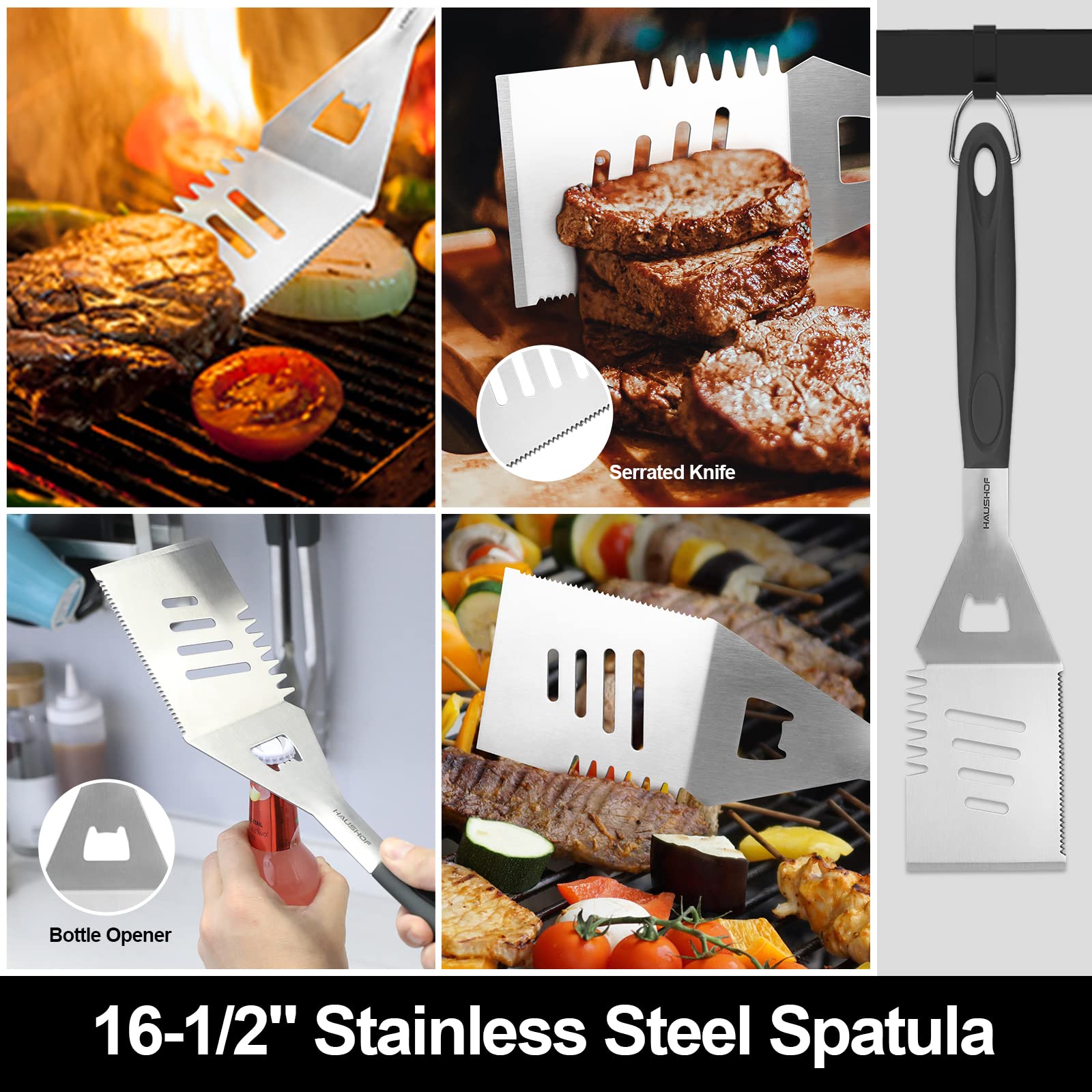 Haushof Large Grilling Accessories, Bbq Grill Set, Heavy Duty Stainless Steel Barbecue Utensils With 16-1/2'' Spatula, Brush, Fo