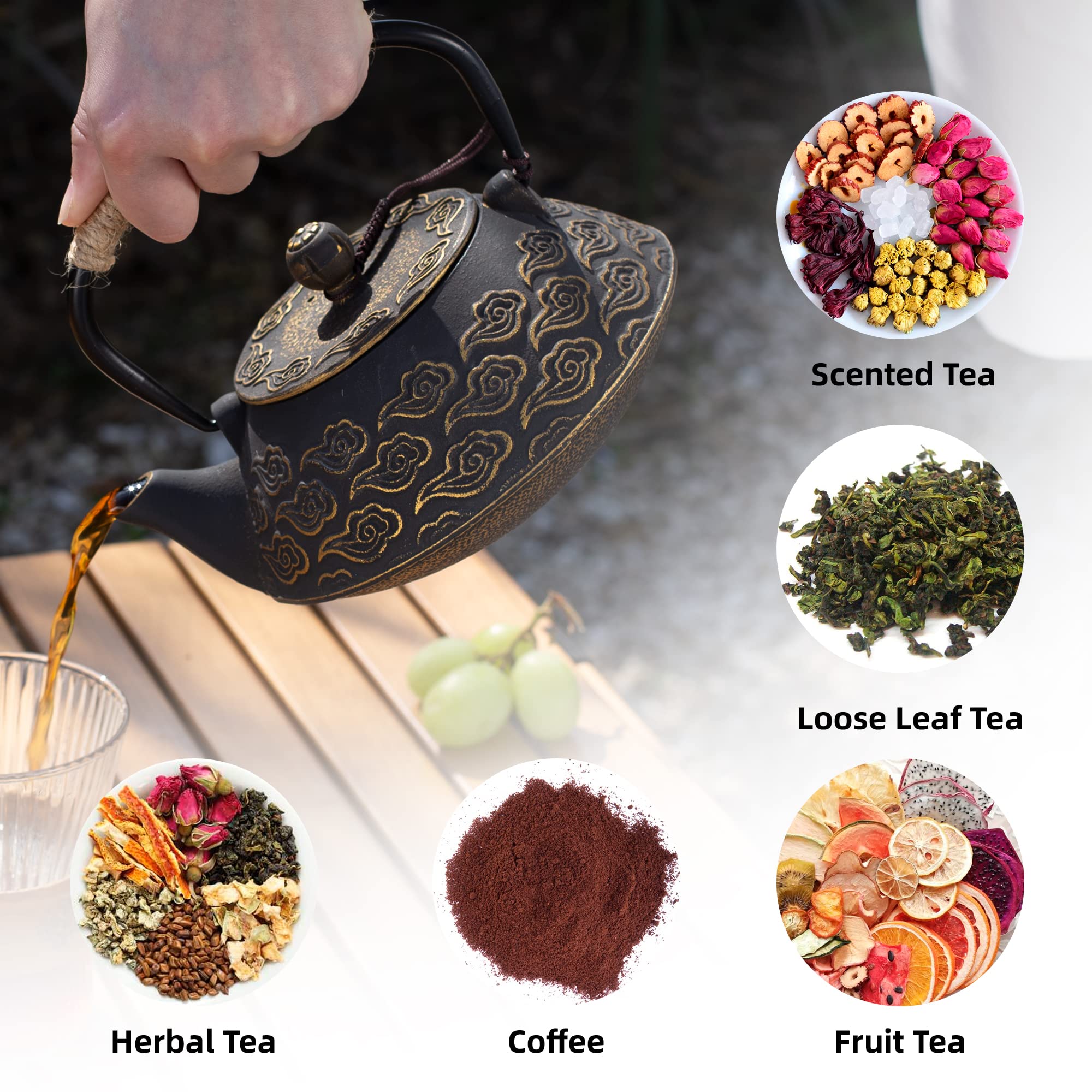 Cast Iron Teapot, Japanese Tea Pot With Infuser For Loose Leaf, Tea Kettle Stovetop Safe Coated With Enameled Interior, Clouds P
