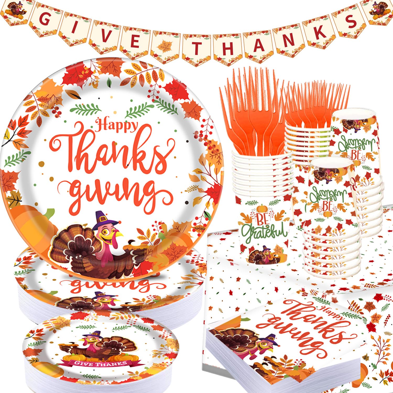 Thanksgiving Banner and 127pcs Party Paper Plate set, with Turkey Tablecloth and Napkins, Disposable Plates Dinnerware for 25 Gu