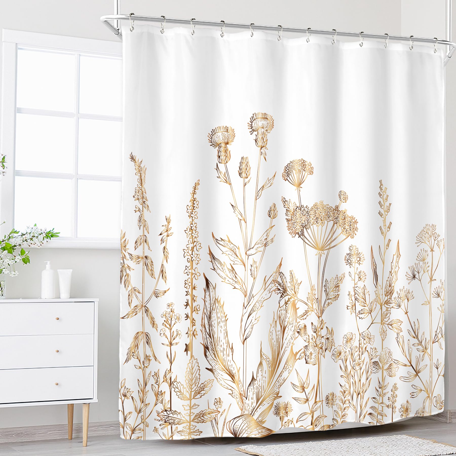 Riyidecor White Gold Floral Wildflower Shower Curtain For Bathroom Decor 60Wx72H Rustic Botanical Herbs Plant Leaves Vintage Nat
