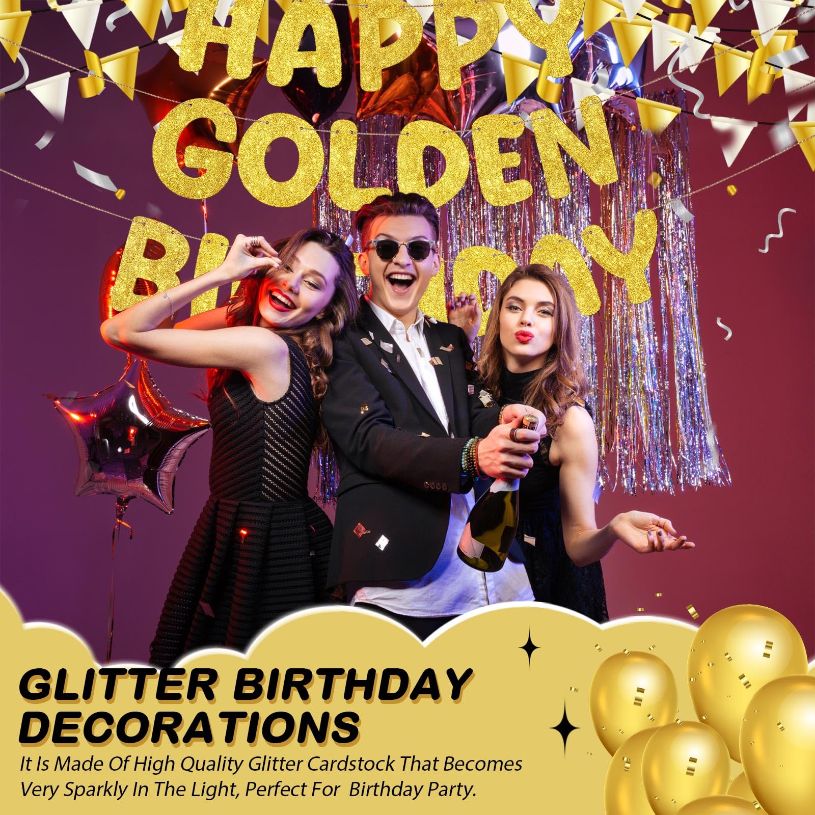 Fulmoon Pre Strung Happy Golden Birthday Banner Glitter Stay Golden Party Decorations for 5th, 21st, 24th, 25th, 28th, 30th, 50t