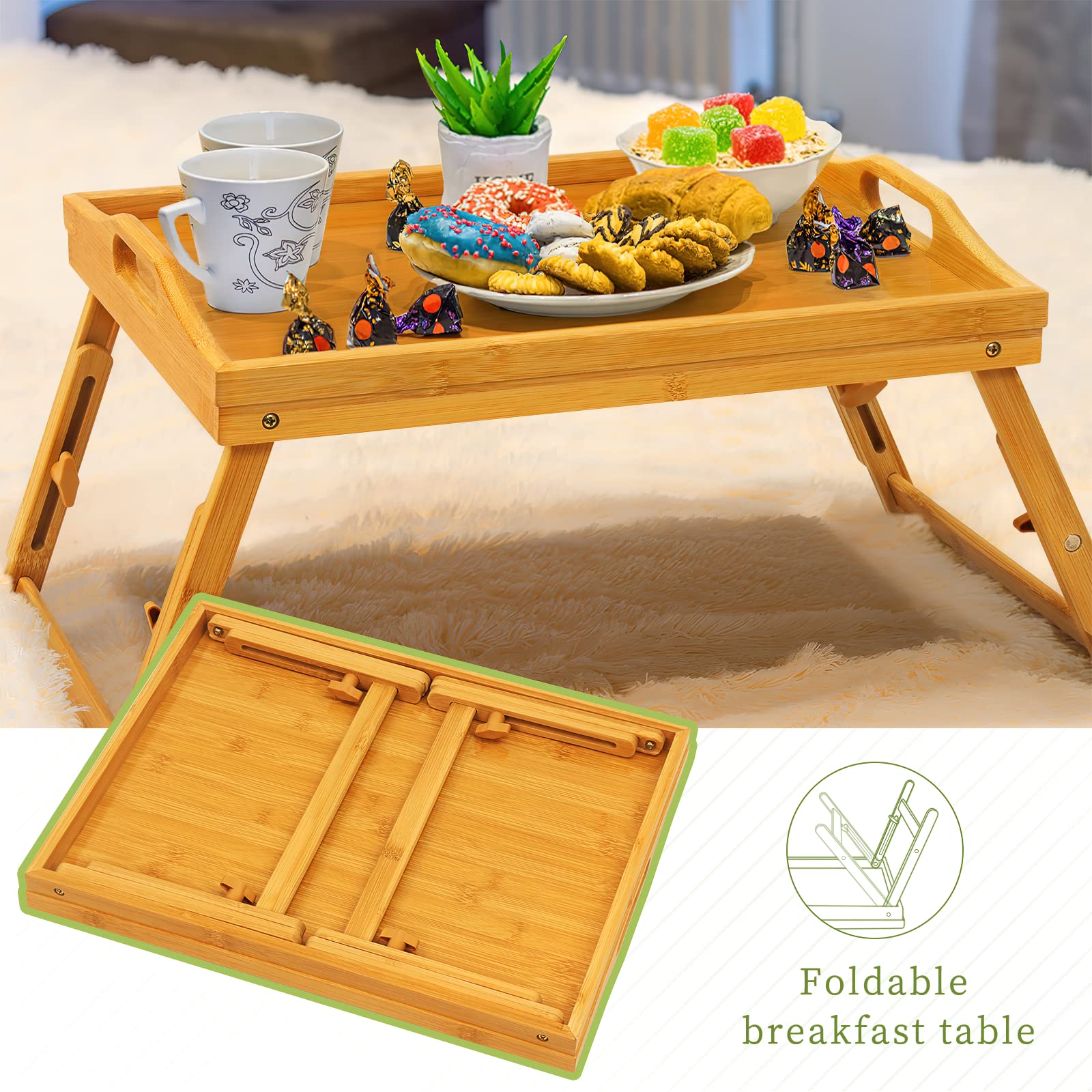 2 Pack Breakfast Bed Tray For Eating - Raised Food Table Up To 9.5'' On Lap Sofa - Adjustable Bamboo Serving Tray - Portable Sna