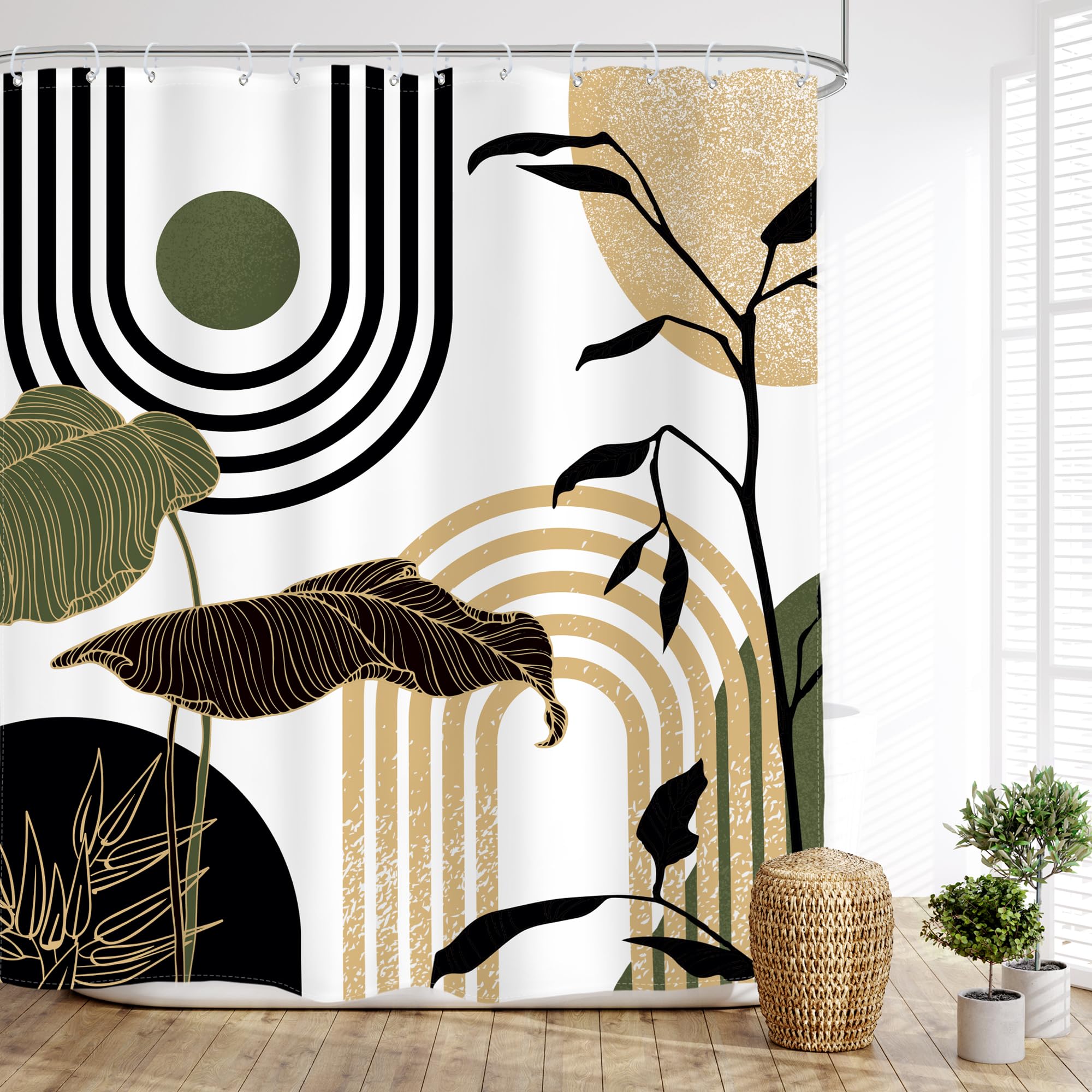 Glawry Green Gold Abstract Mid Century Shower Curtain Boho Retro Tropical Palm Sun Arch Minimalist Bathroom Modern Aesthetic Geo