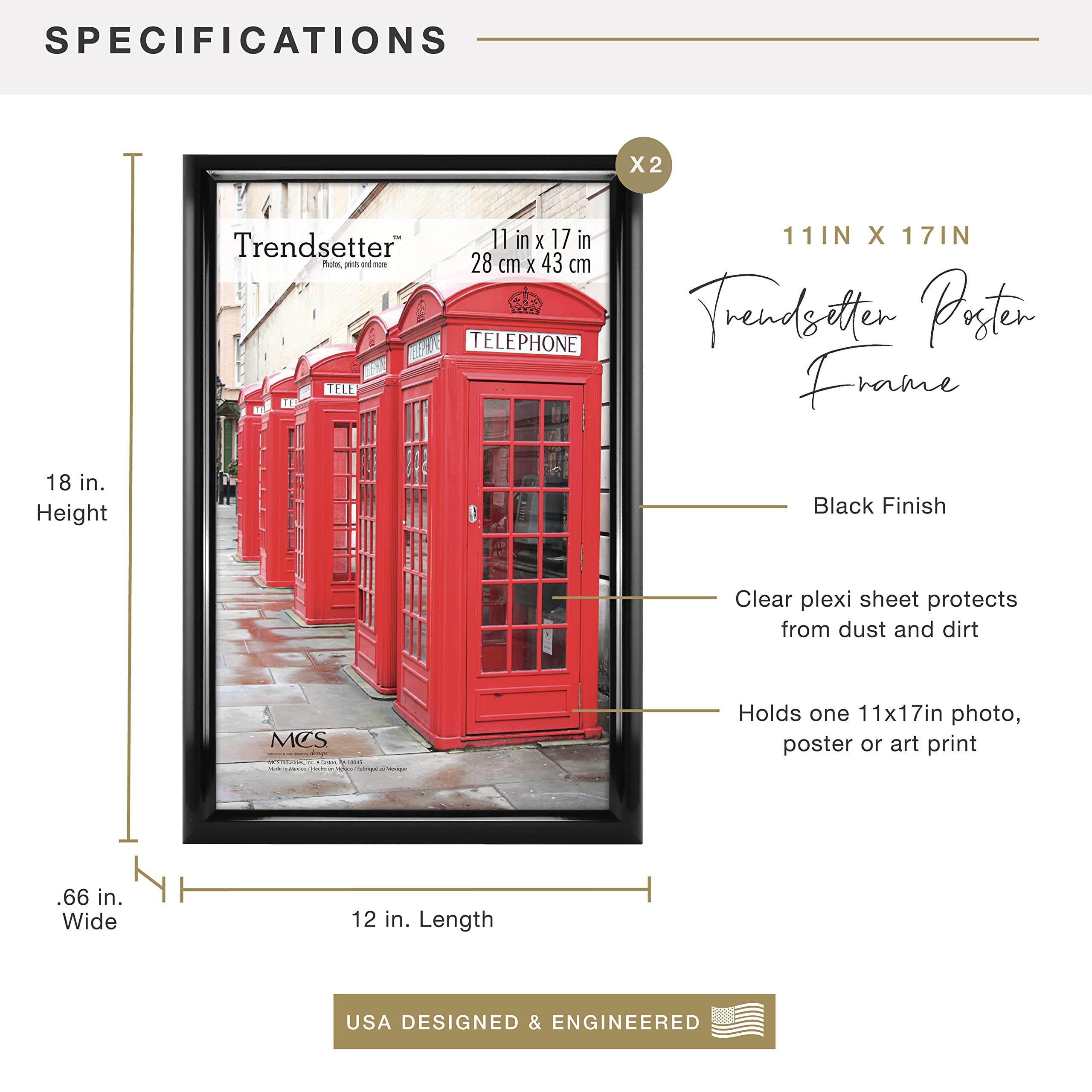 Mcs Trendsetter Poster Frame, Black, 11 X 17 In, 2 Pk