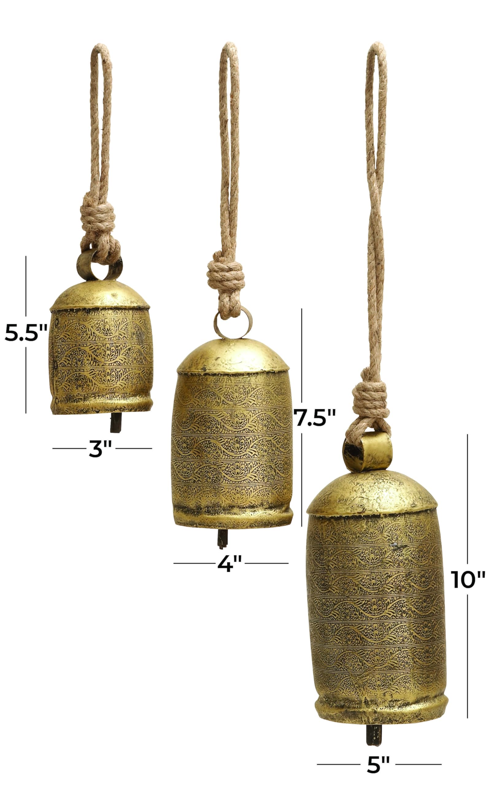 Deco 79 Metal Decorative Cow Bells Tibetan Inspired with Jute Hanging Rope, Set of 3 10,8,6H, Bronze
