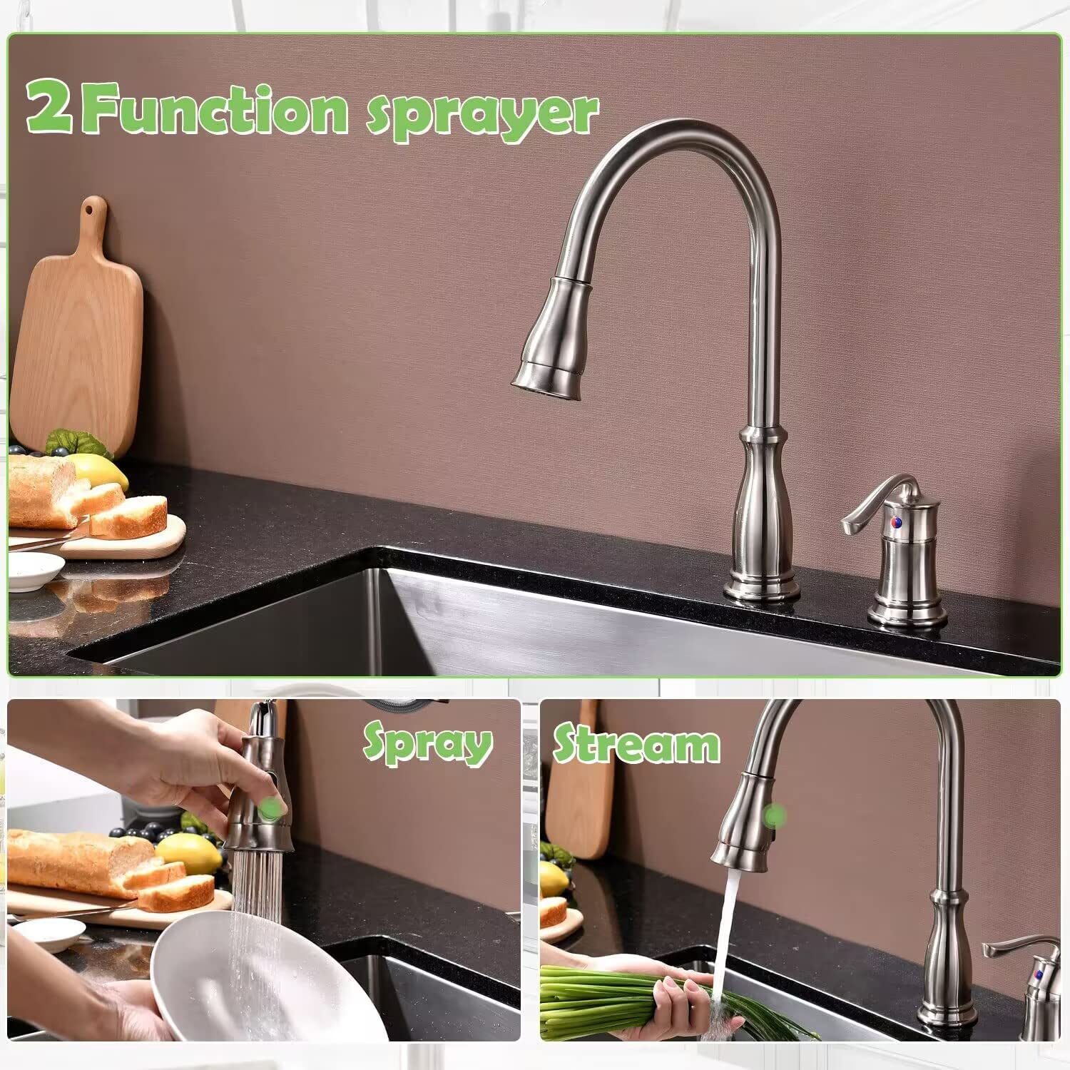 APPASO 3 Hole Kitchen Faucet with Pull Down Sprayer Brushed Nickel  3 Pieces Kitchen Sink Faucet with Soap Dispenser and Side Single Handle  Stainless Steel  228BN