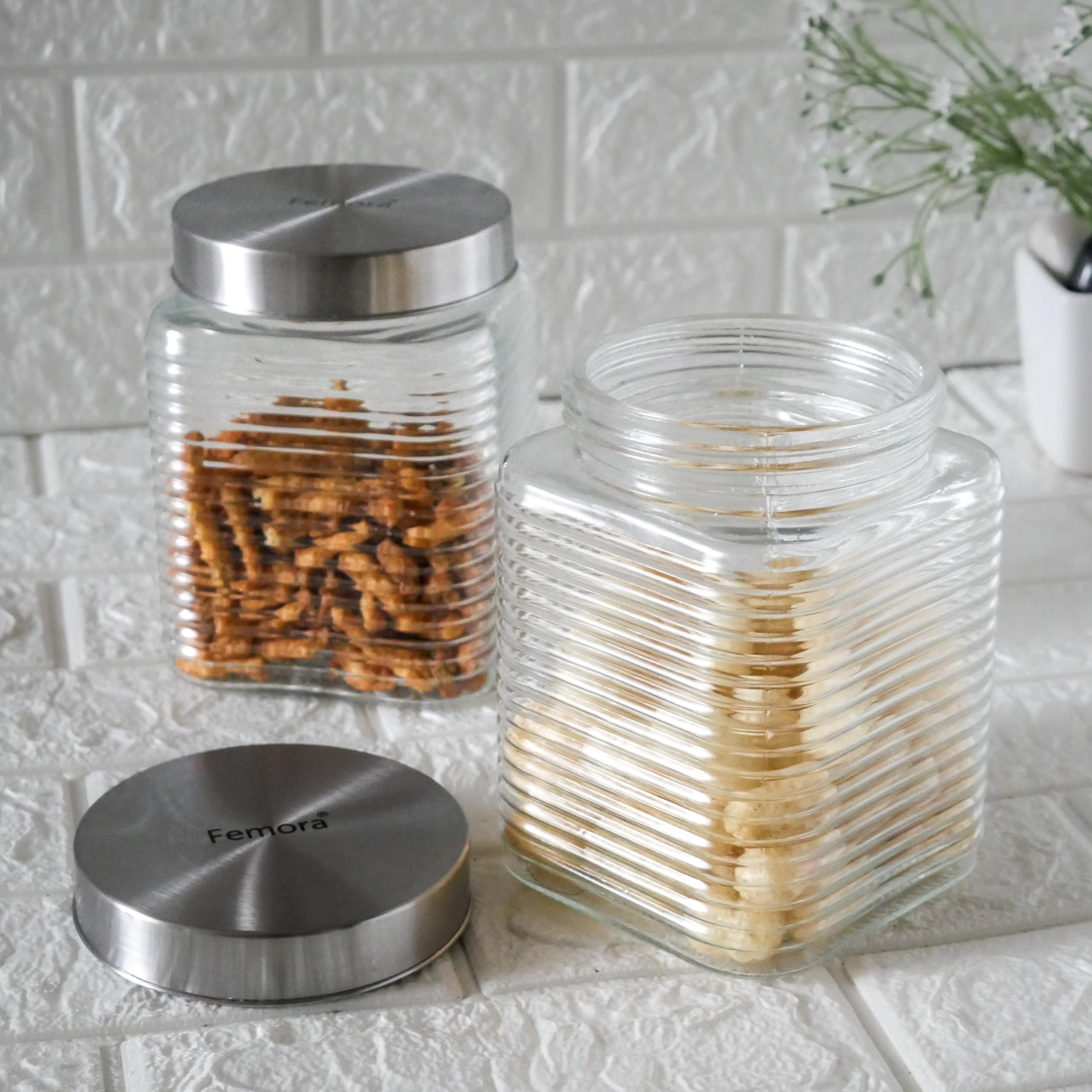 Femora Embossed Line Square Glass Jars For Kitchen| Kitchen Storage Jars| Steel Lid Glass Jars| 1 Year Warranty| Airtight| Jars 
