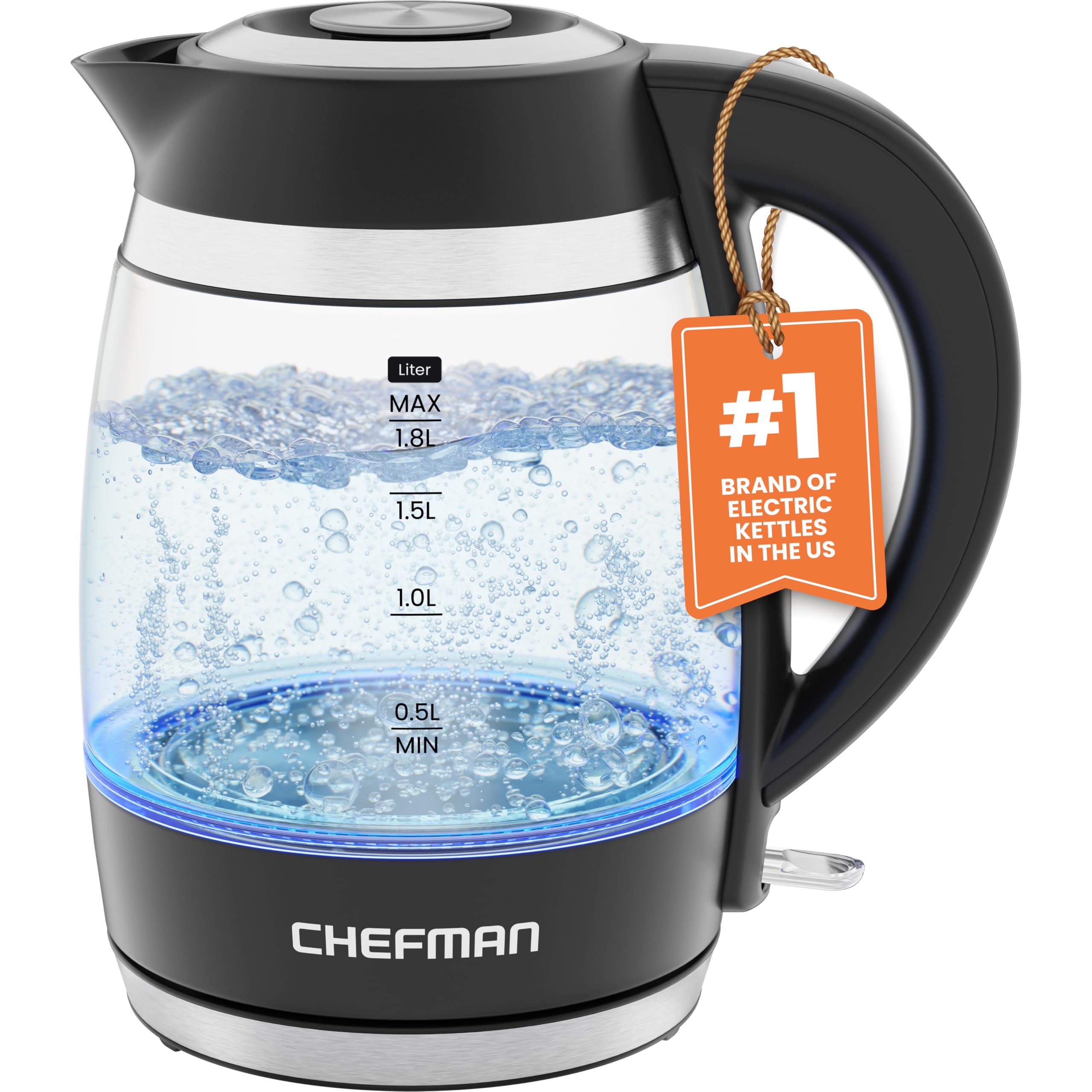 Chefman Electric Kettle, 1.8L 1500W, Hot Water Boiler, Removable Lid for Easy Cleaning, Auto Shut Off, BoilDry Protection, Stai