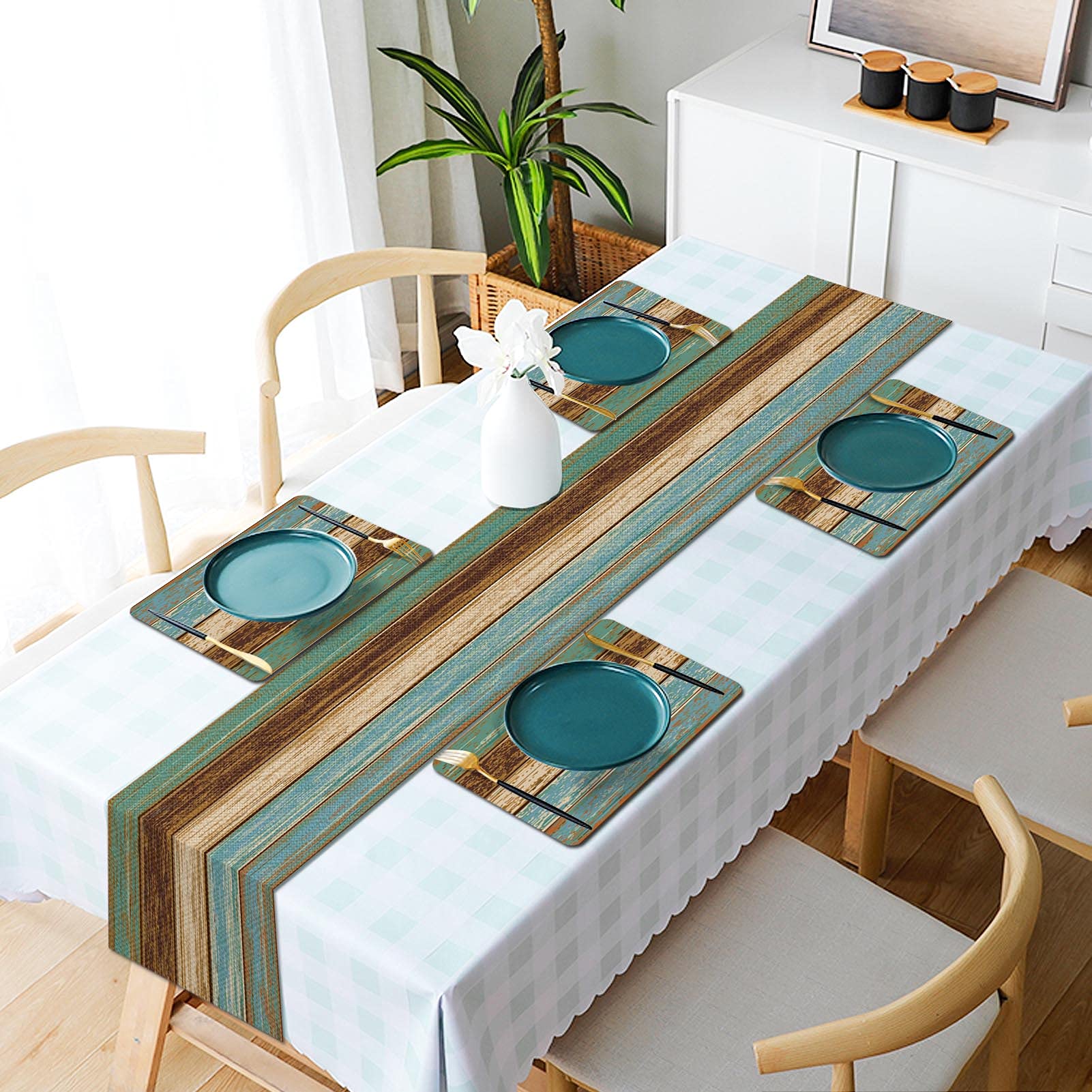 Mcalk Farmhouse Table Runner And Placemats Set Of 6 Pieces, Teal And Brown Placemats Wooden Texture,Rectangle Cloth Place Mats I