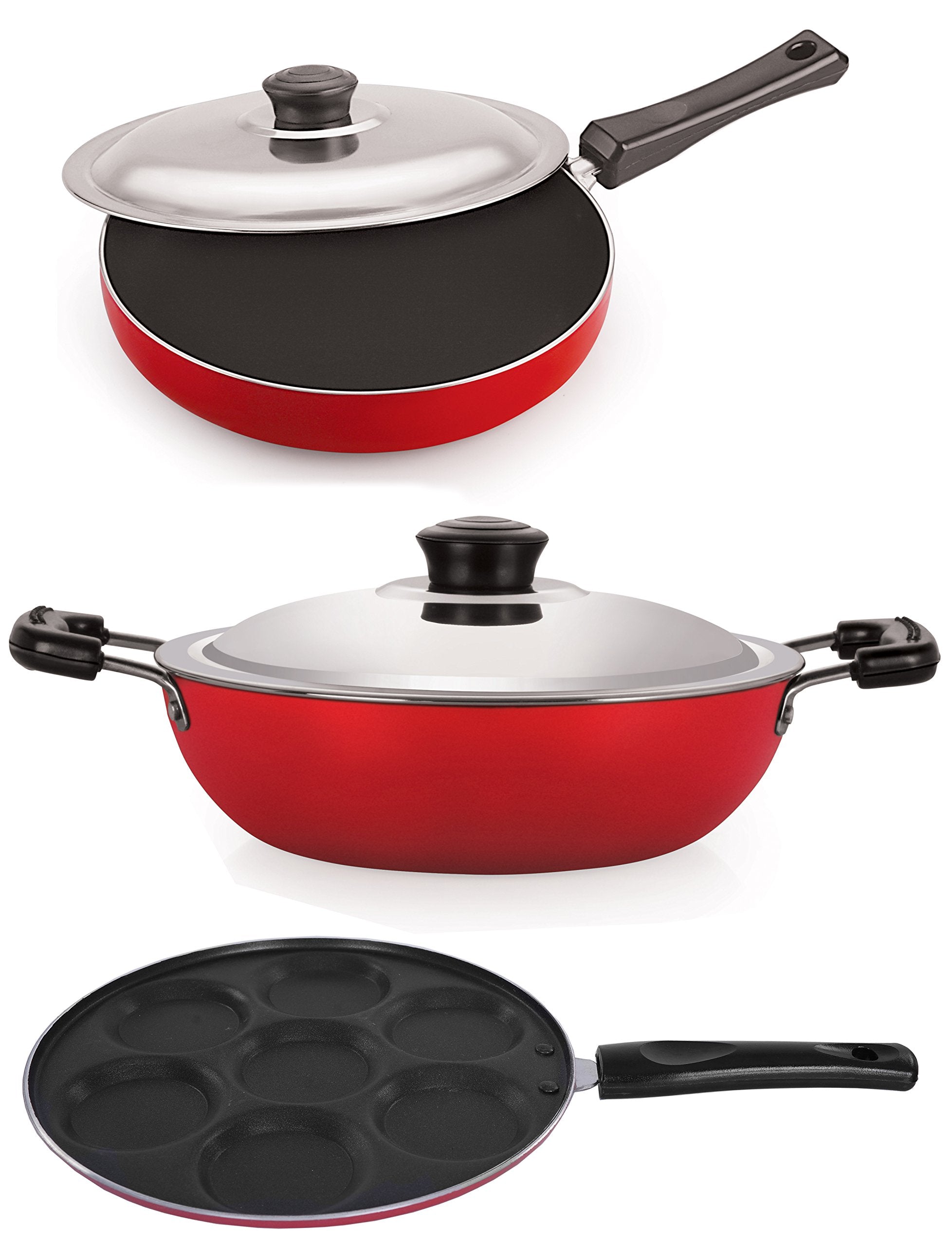 Nirlon NonStick Aluminum Tawa, Kadhai & Pan Combo Set_Red & Black