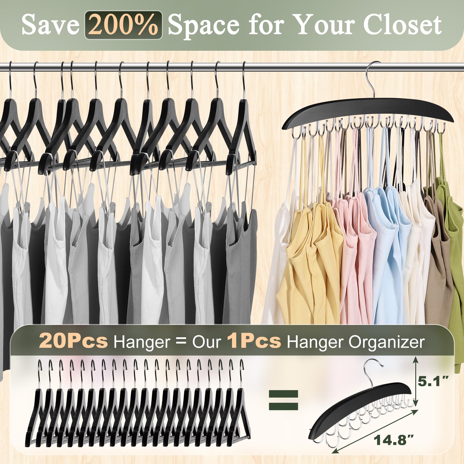 Nanati 2 Pack Bra Hangers For Closet Organizer, Wooden Tank Top Hanger, Bra Organizer With 40 Stainless Steel Hooks, Closet Orga