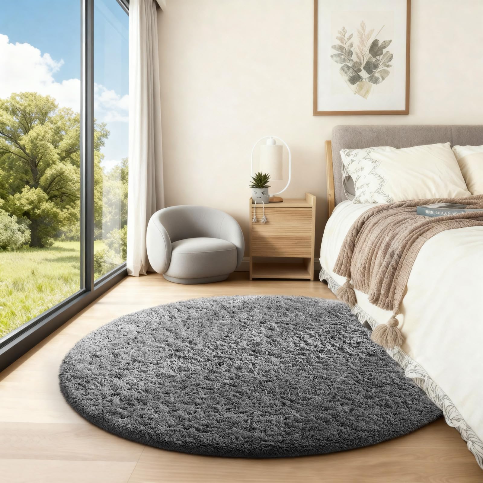 Ophanie Round Rugs 3Ft Grey Circle Area Rug,Christmas Room Decor, Aesthetic Nursery Bedroom Carpet, Fluffy Fuzzy Plush Soft Shag