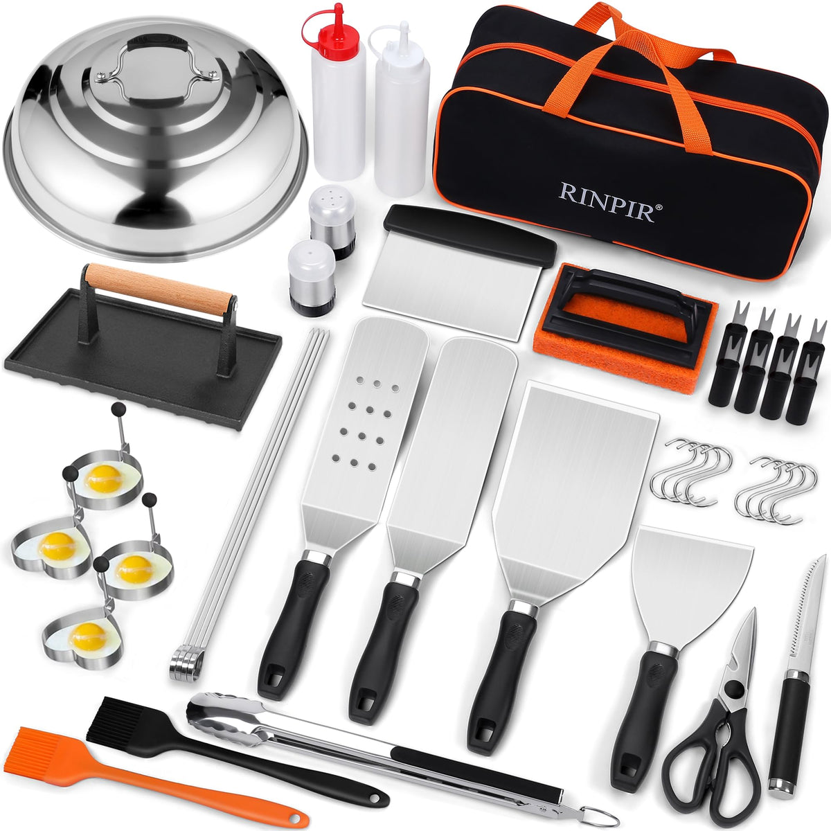 Rinpir 42Pcs Griddle Accessories Kit For Blackstone, Flat Top Teppanyaki Spatula Set With Enlarged Spatulas, Melting Dome And Bu