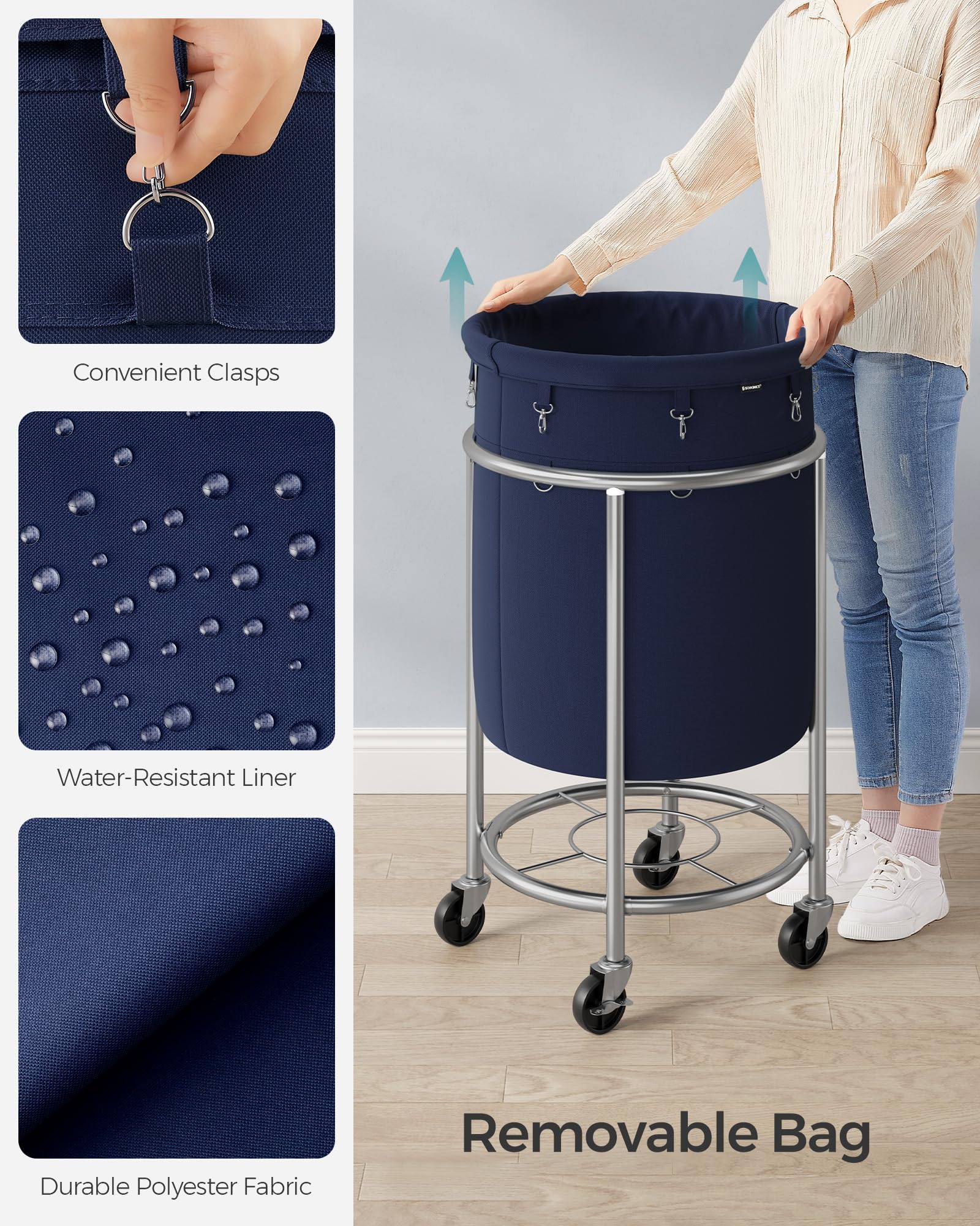 Songmics Laundry Basket With Casters, Rolling Laundry Hamper, 29 Gal., Round Laundry Cart With Steel Frame And Removable Bag, 4