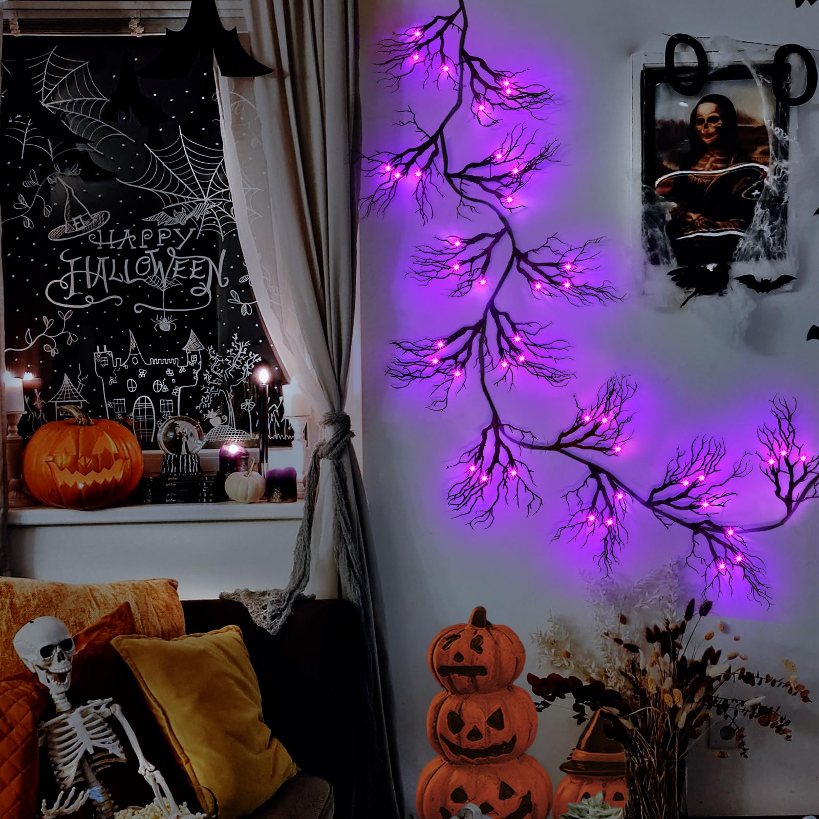 [ 8 Modes & Timer ] 9 Ft 66 LED Halloween Willow Vine Twig Decor Garland Decorations with Purple Lights, Halloween Garland with