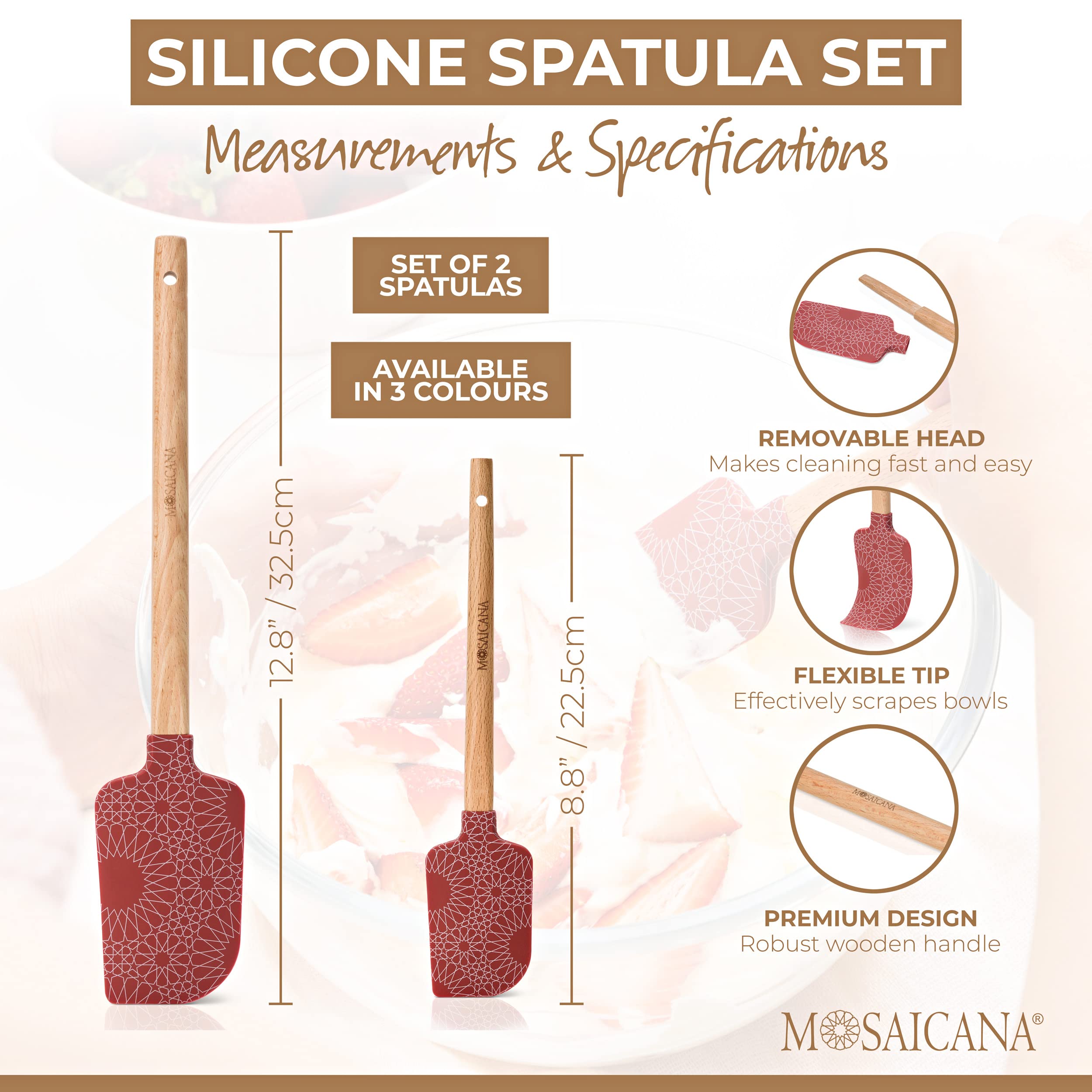 Silicone Spatula Set Of 2 With Wooden Handle And Stunning Pattern (Red)