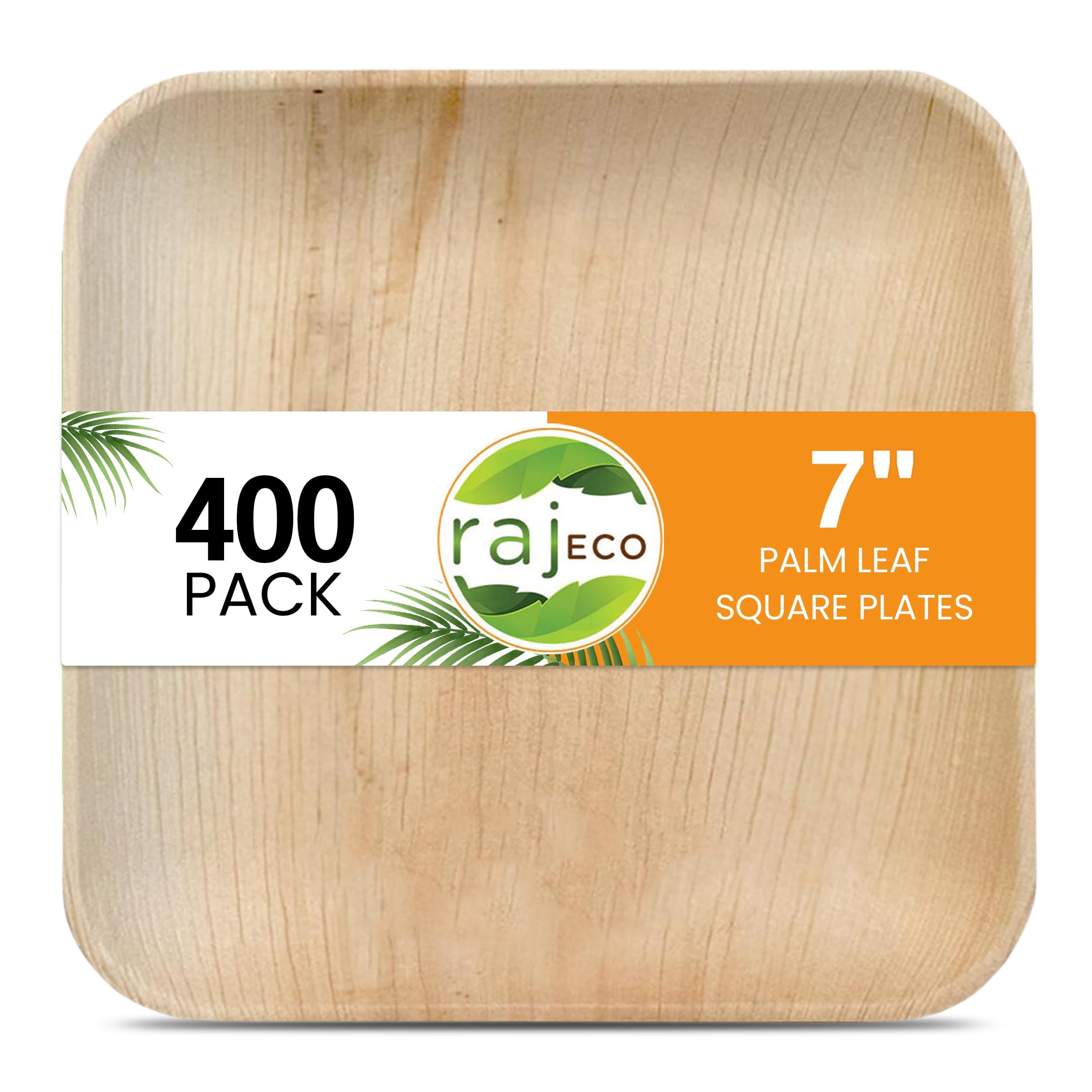 Raj Palm Leaf Plates Bulk [400-Pack] 7 Square Plates like Bamboo plates Disposable, Strong, Decorative Compostable Tableware for