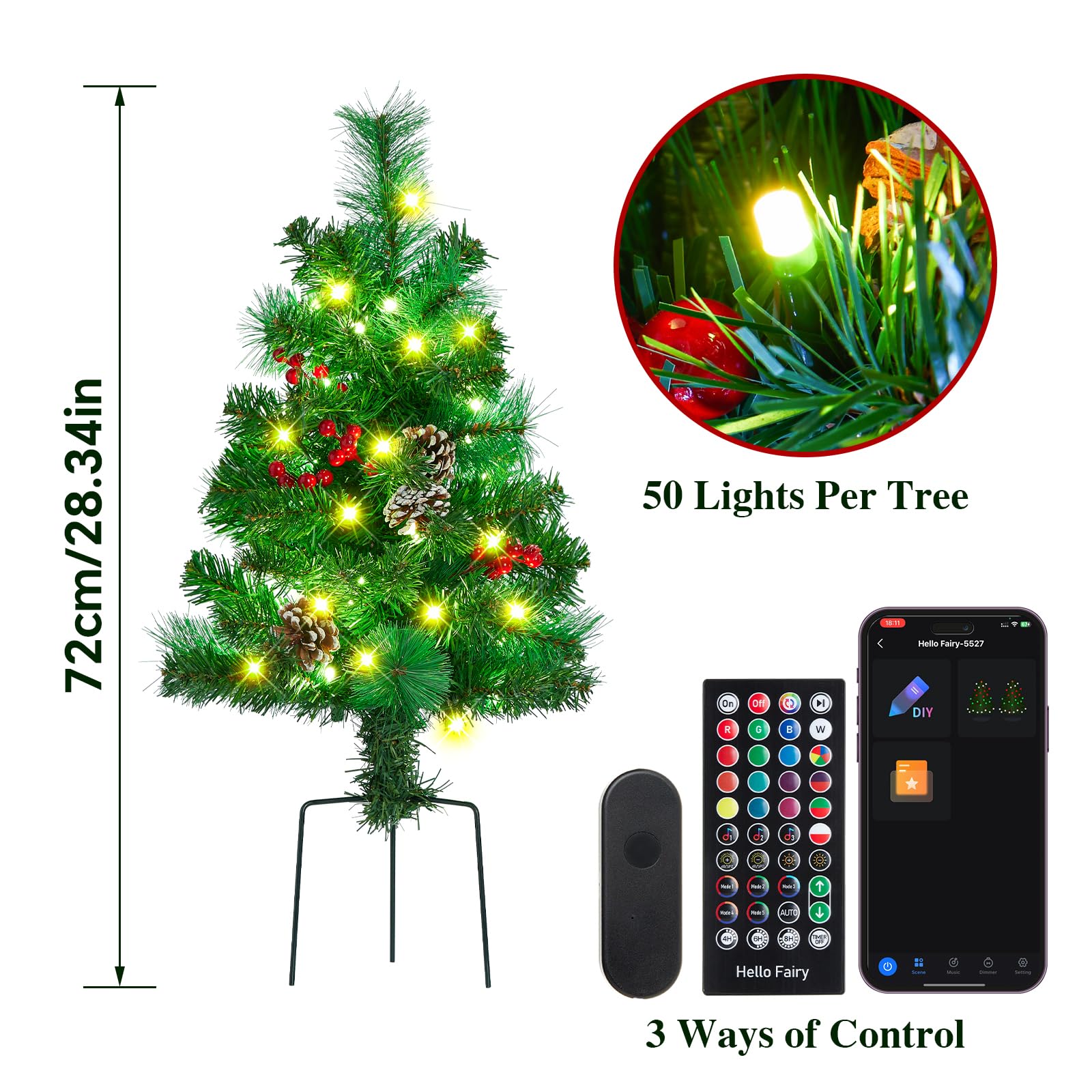 2 Pack of 28 INCH Pre-Lit Artificial Pathway Christmas Trees,Outdoor Christmas Tree for Porch,Yard,Driveway,Lighted Christmas Tr