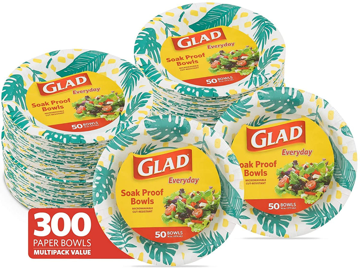 Glad Disposable Paper Bowls With Palm Leaves Design, 16 Ounces, Soak Proof, Cut-Proof, Microwaveable, 300 Count | Heavy Duty Dis