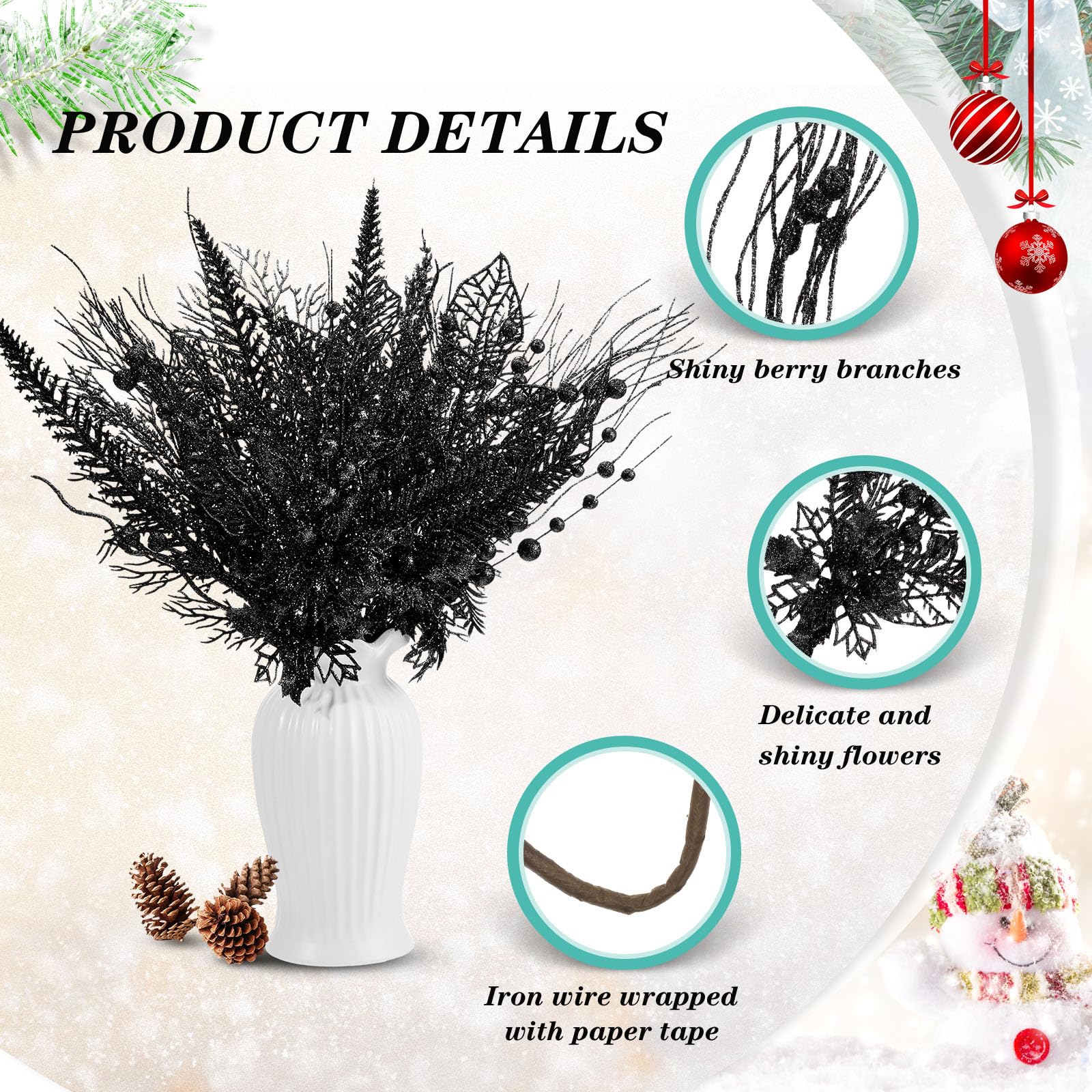 Moucuny 30 Pcs Artificial Christmas Tree Picks and Sprays Glitter Berry Stem Branches Holly Floral Picks Twigs Christmas Tree Or