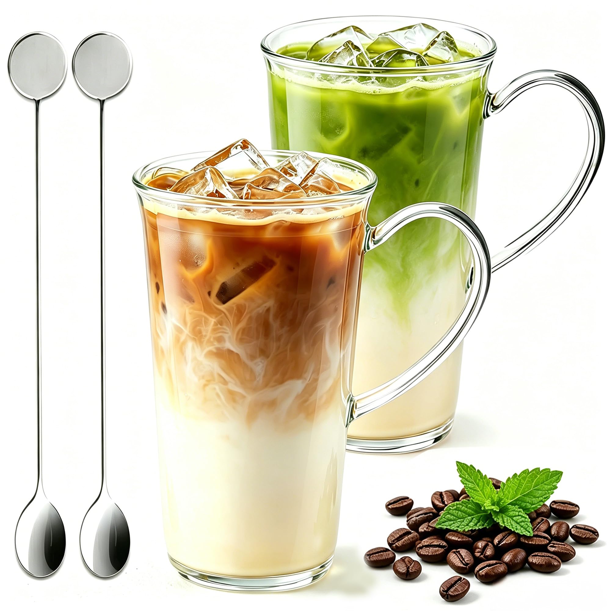 Weinning Beinny Glass Coffee Mugs Set of 2, 18 oz Large Tall Clear Coffee Mugs with Handles and Long Spoons, Iced Coffee Glasses