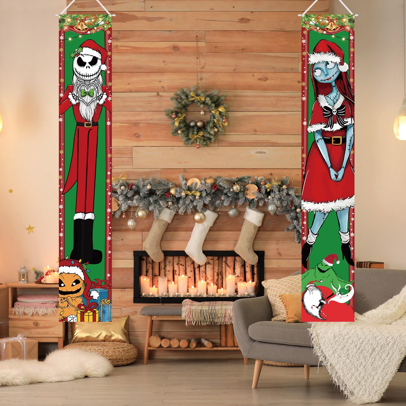 Jack Skellington Sally Banner Nightmare Before Christmas Decorations Porch Door Sign Welcome Banner Indoor Outdoor Wall Home Par