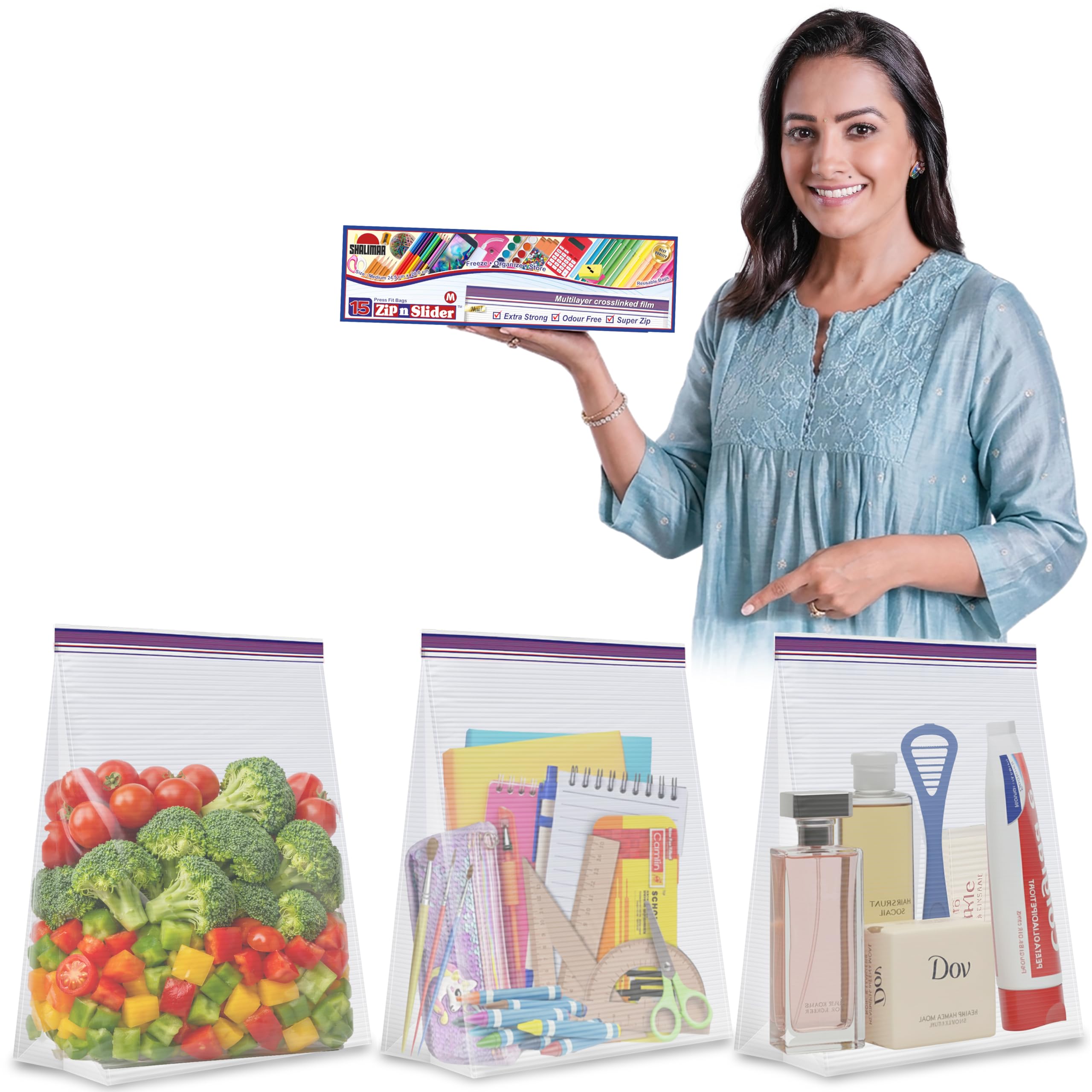 Shalimar Zip N Slider (Press Fit) Bags | Medium (24.5 cm X 28 cm) | Pack of 45 Bags |Ziplock/Vegetable/Fruit/Fridge/MultiPurp