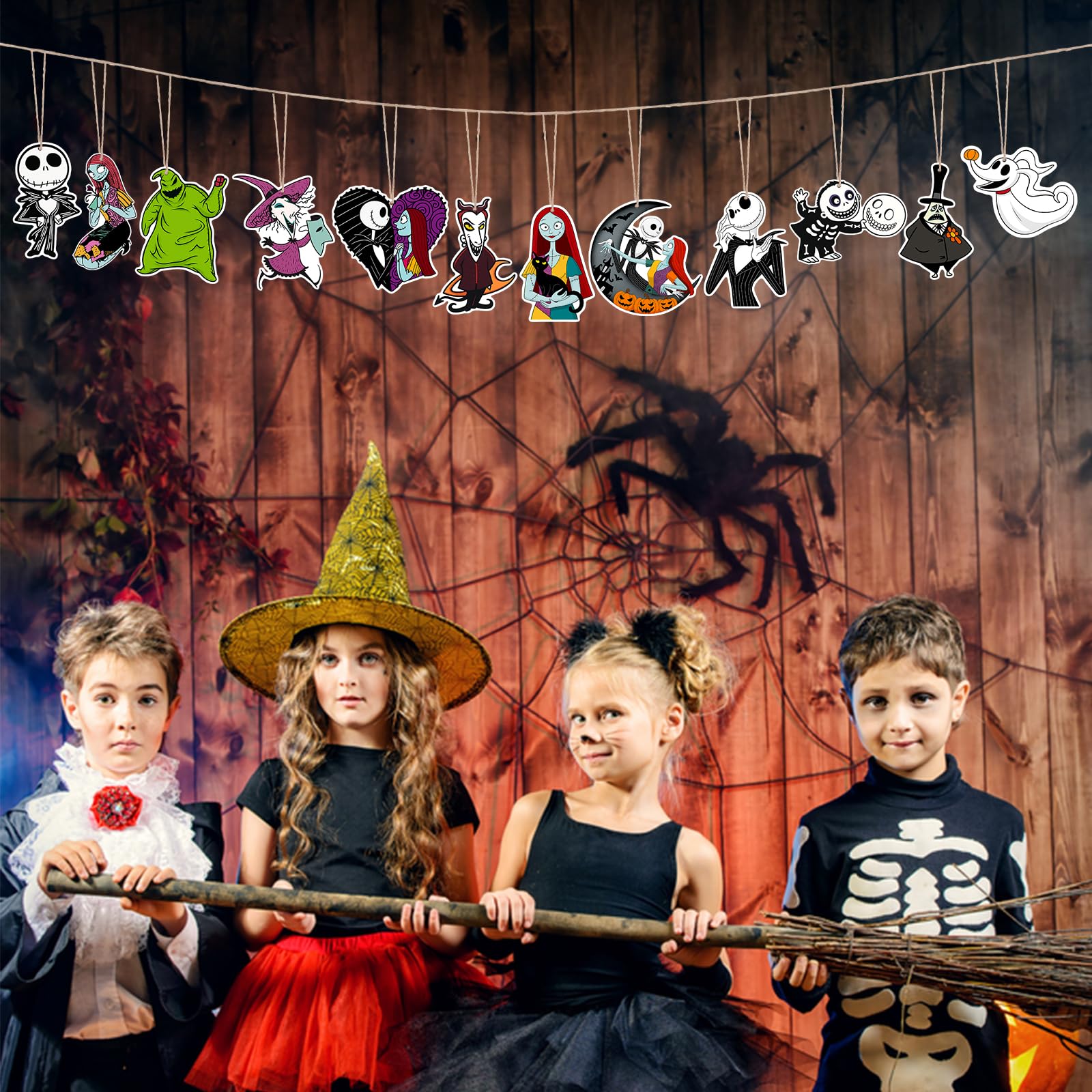 Arosche Halloween Christmas Nightmare Tree Decorations Wooden Hanging Tree Ornaments 24Pcs Happy Halloween Nightmare Themed Wood