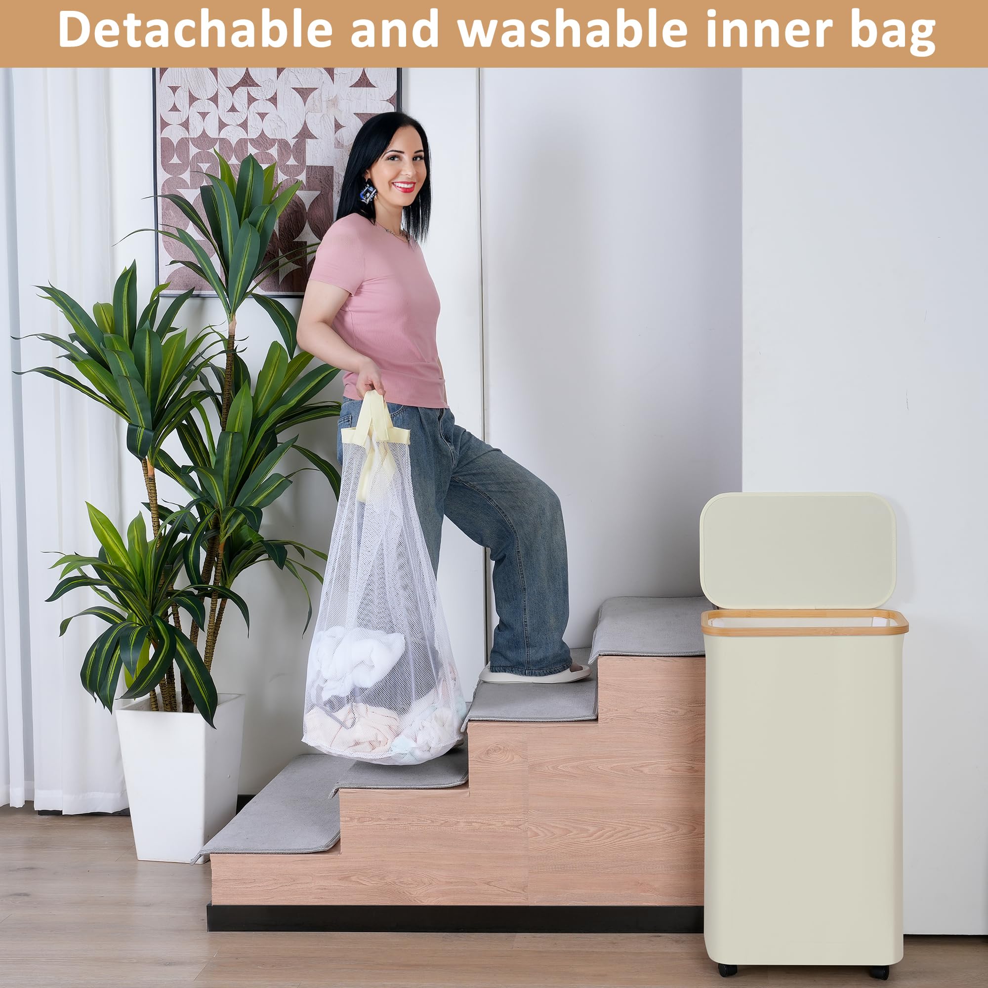 Iegrow 75L Laundry Basket With Wheels,Clothes Hamper For Laundry,Laundry Hamper With Lid And Inner Bag, For Laundry Room, Bedroo