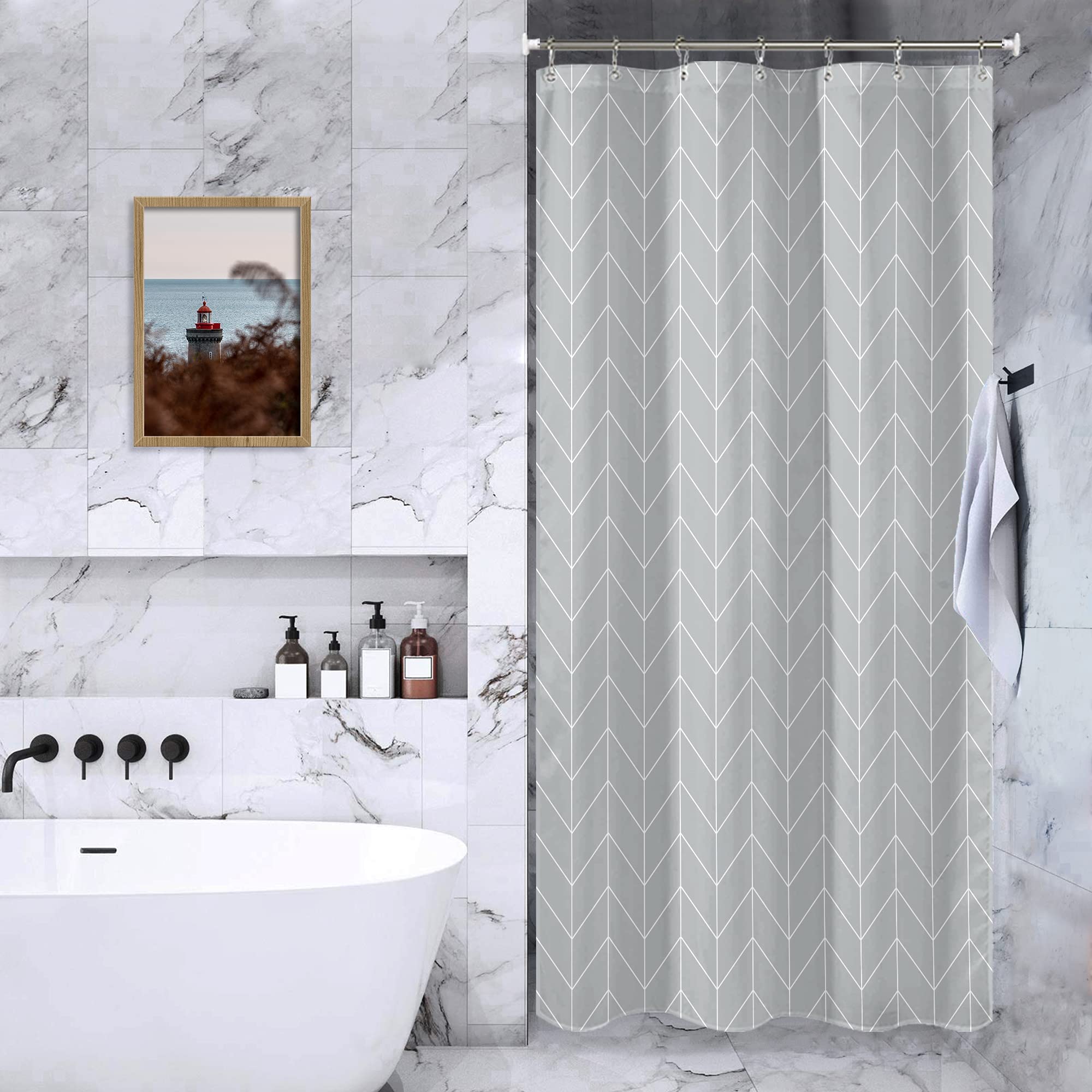 Riyidecor Gray Grey Stall Small Dorm Grey Half Size Fabric Shower Curtain Liner for Bathroom Stand Up 36x72 Inches Wide Single Narrow Chevron Herringbone Geometric RV Tiny Walkin Polyester Bathroom