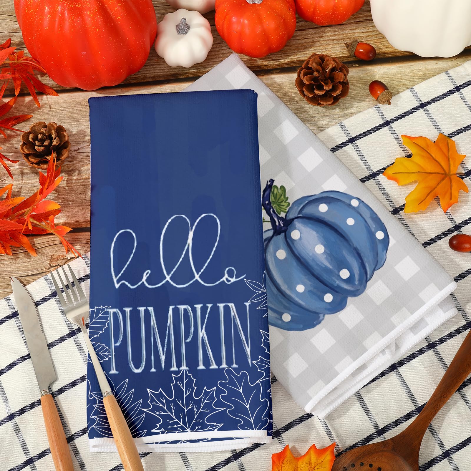 Anydesign Fall Kitchen Dish Towel 18 X 28 Inch Blue Pumpkins Autumn Dishcloth Grey Plaid Farmhouse Decorative Hand Drying Tea To