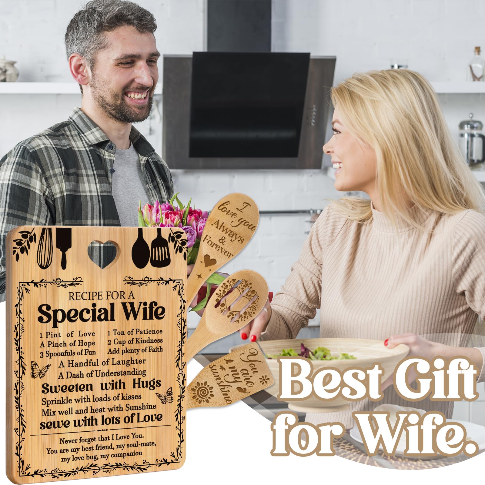 Wife Christmas Gift Ideas -  Recipe for a Special Wife  Christmas Gifts for Wife Cutting Board Set, Bamboo-Made Engraved Utensil