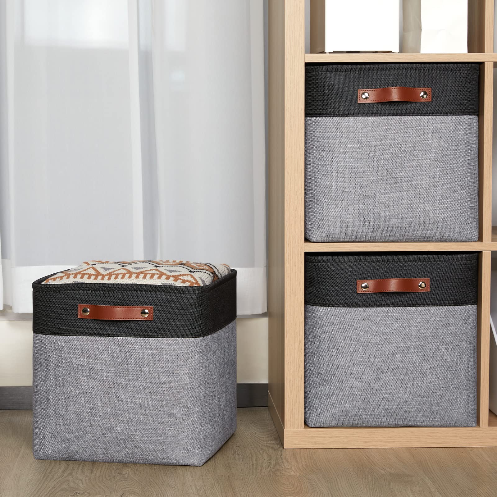 HNZIGE 13x13x13 Storage Baskets (4 Pack) Large Fabric Storage Cubes for Shelves  Storage Cube Bins for Gift with Leather Handles for Home  Clothes Baskets for Storage Toys  Kids Room  Closet (White&Black)