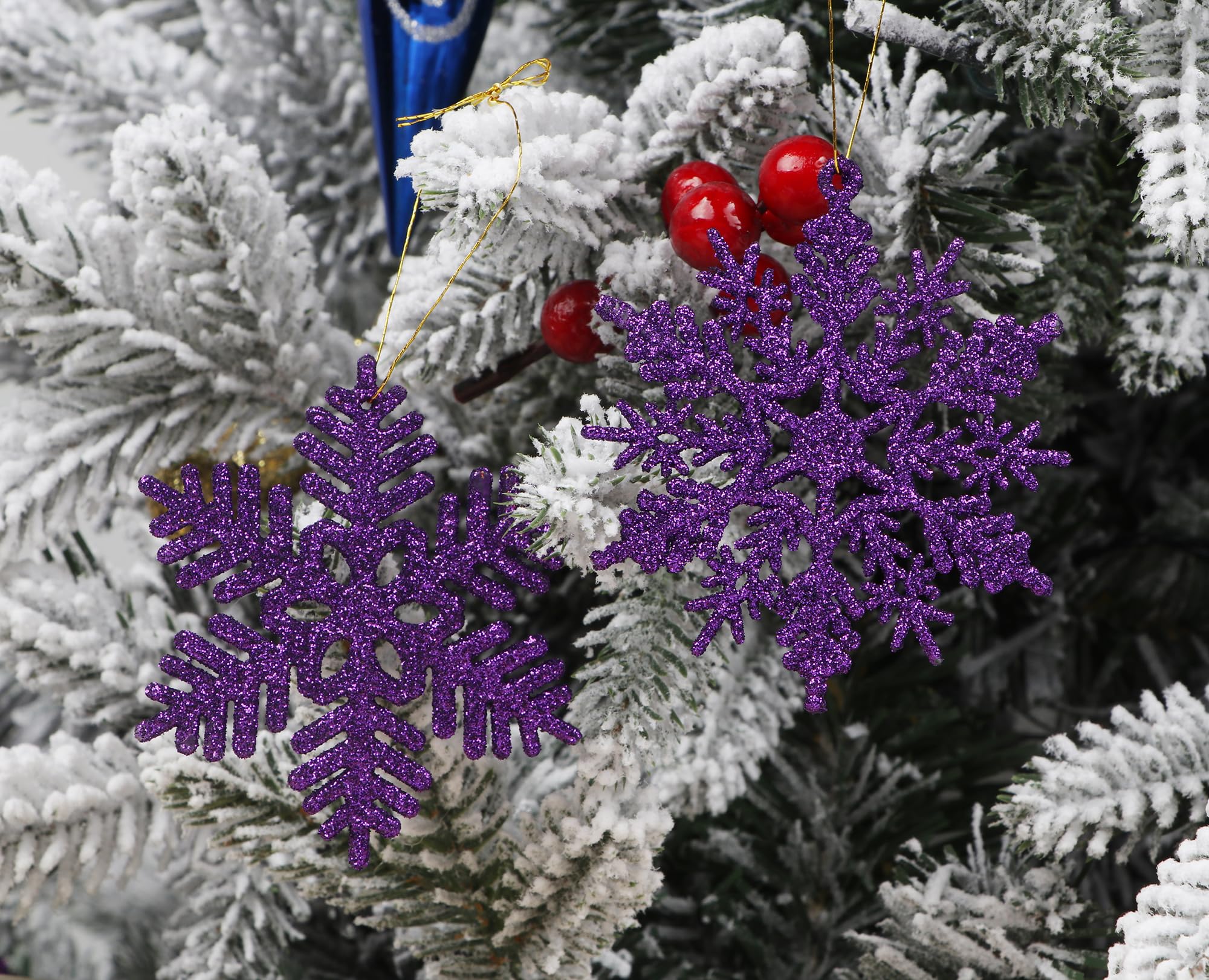 YYCRAFT 32pcs Glitter Snowflake Ornament for Christmas Tree Decoration-3 Inch,Purple