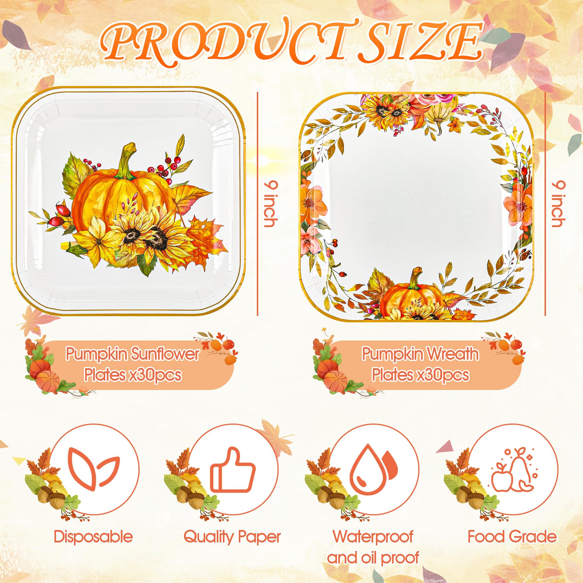 Houuqe 60 Pcs Thanksgiving Fall Paper Plates 9 Inch Thanksgiving Pumpkin Plates Disposable Autumn Leaves Dinner Serving Plates H