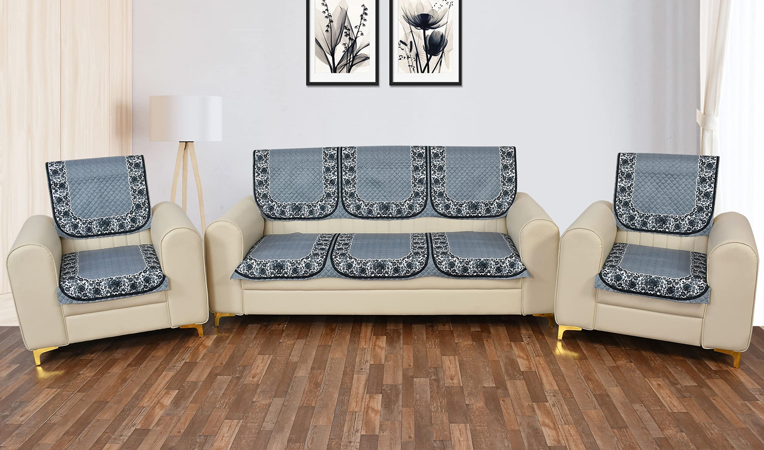 Yellow Weaves 5 Seater Quilted Sofa Cover And Chair Cover, Floral Design, Seat & Back Cover, Color - Dark Grey, Velvet