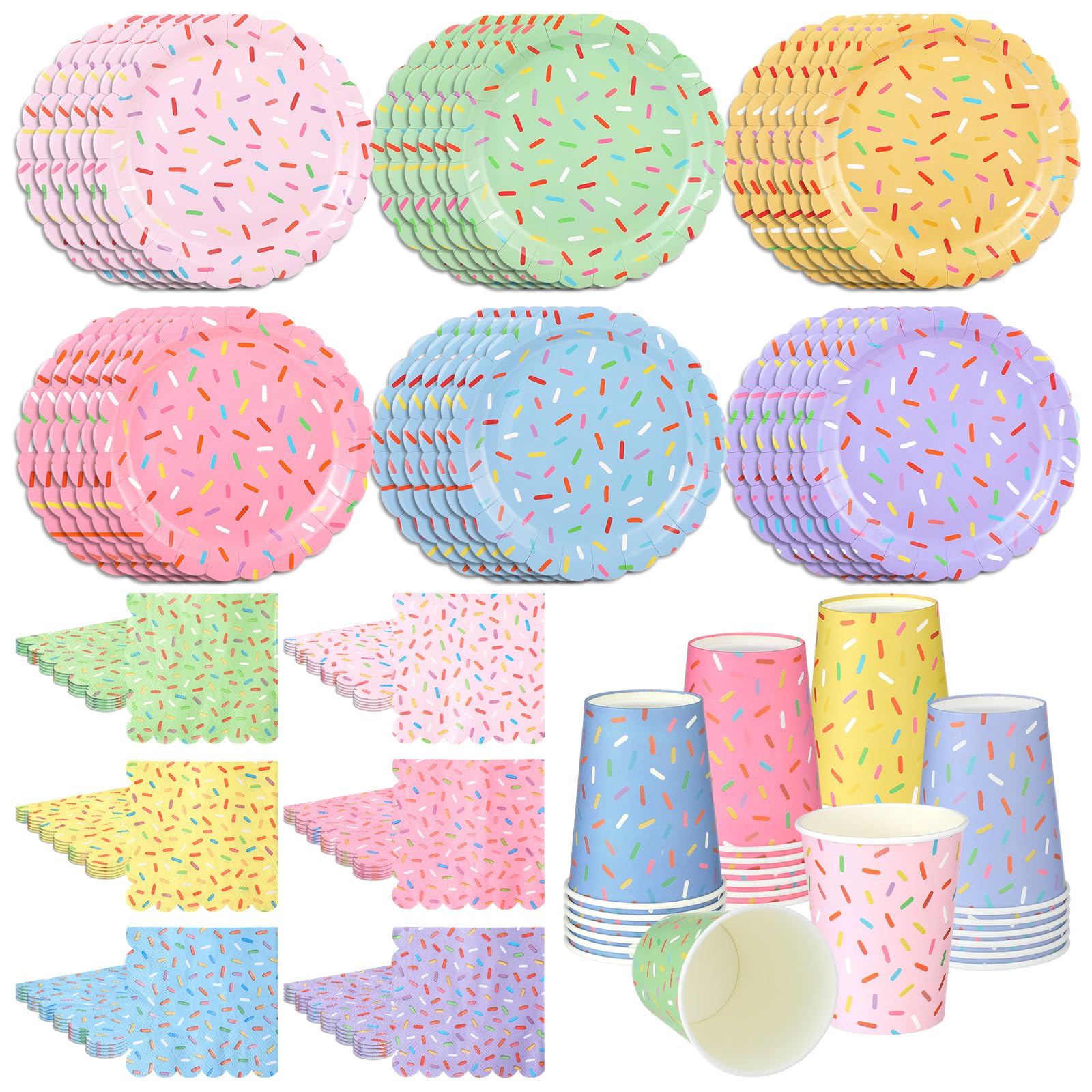 Havawish 108 Pcs Donut Sprinkle Party Supplies Set Include Sprinkles Paper Plates Ice Cream Disposable Napkins Paper Cups Dispos