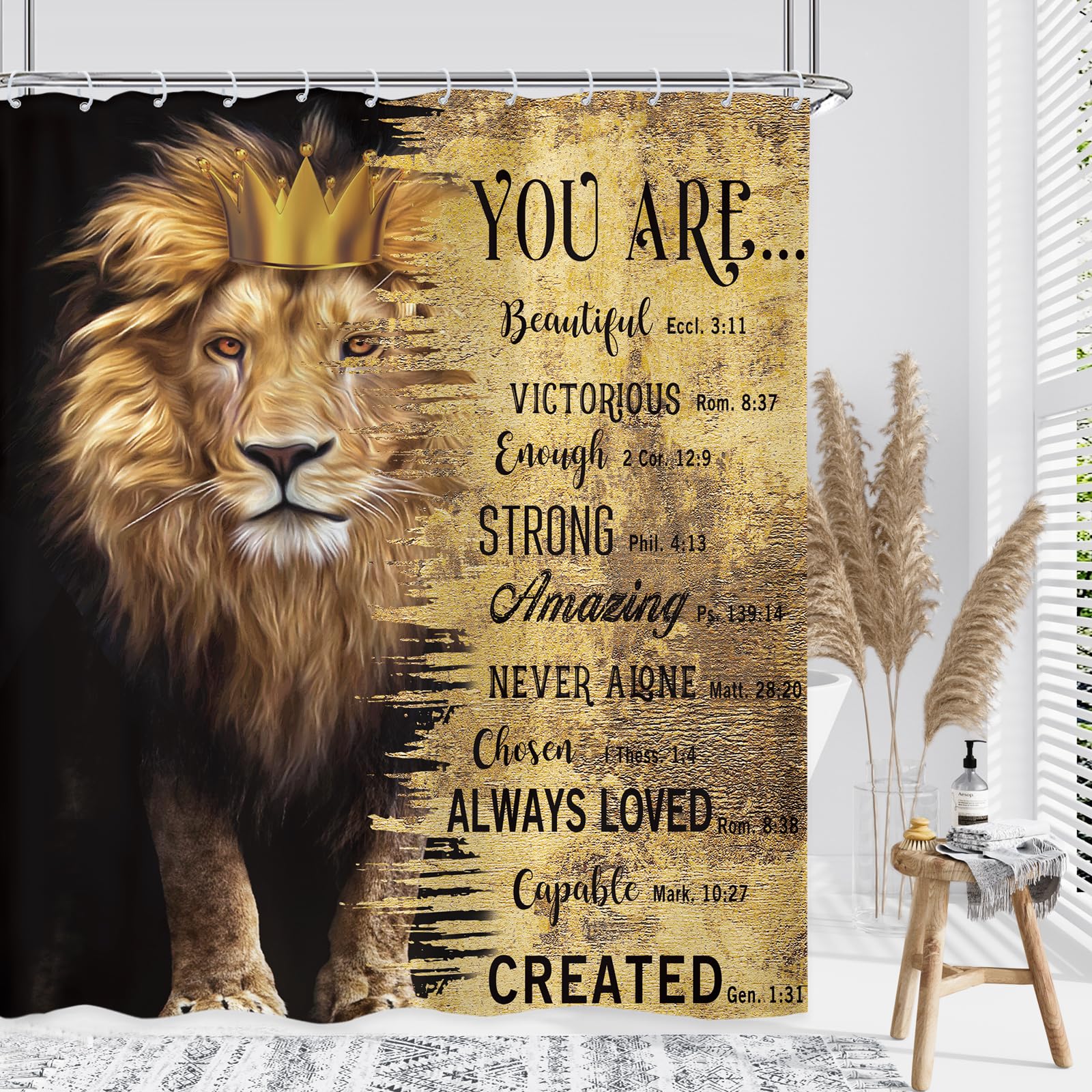 Kalmico Lion Man Shower Curtain 60Wx72L Inch Motivational Inspirational Quotes Positive Bible Animal Black Gold Masculine Bathro
