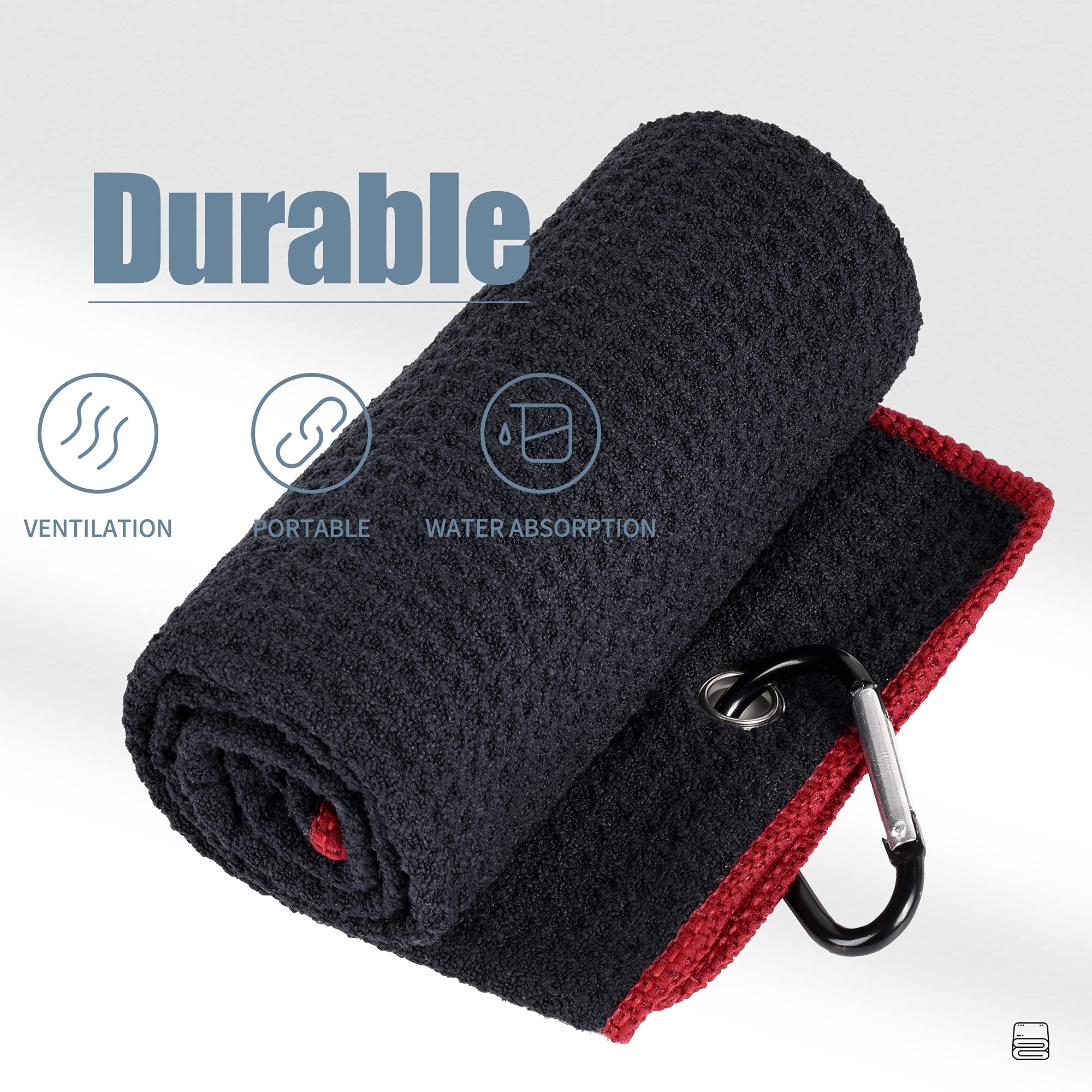 Mile High Life Tri-Fold Golf Towel | Premium Microfiber Fabric | Waffle Pattern | Heavy Duty Carabiner Clip (Black/Red)