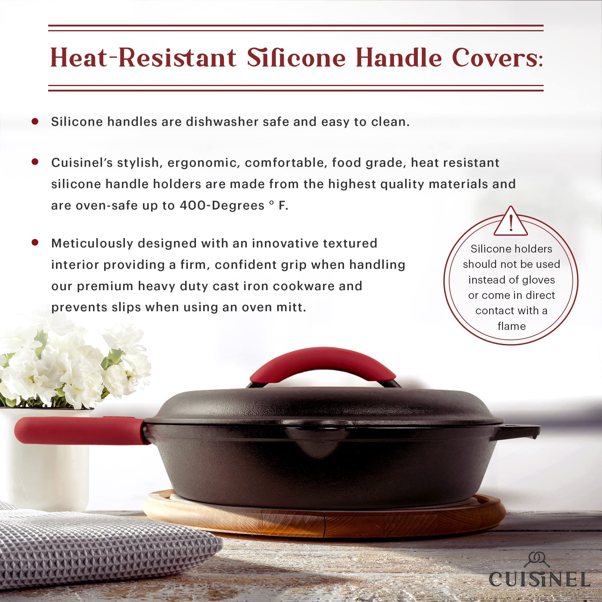 Cuisinel Cast Iron Skillet With Lid - 12''-Inch Pre-Seasoned Covered Frying Pan Set + Silicone Handle & Lid Holders + Scraper/Cl