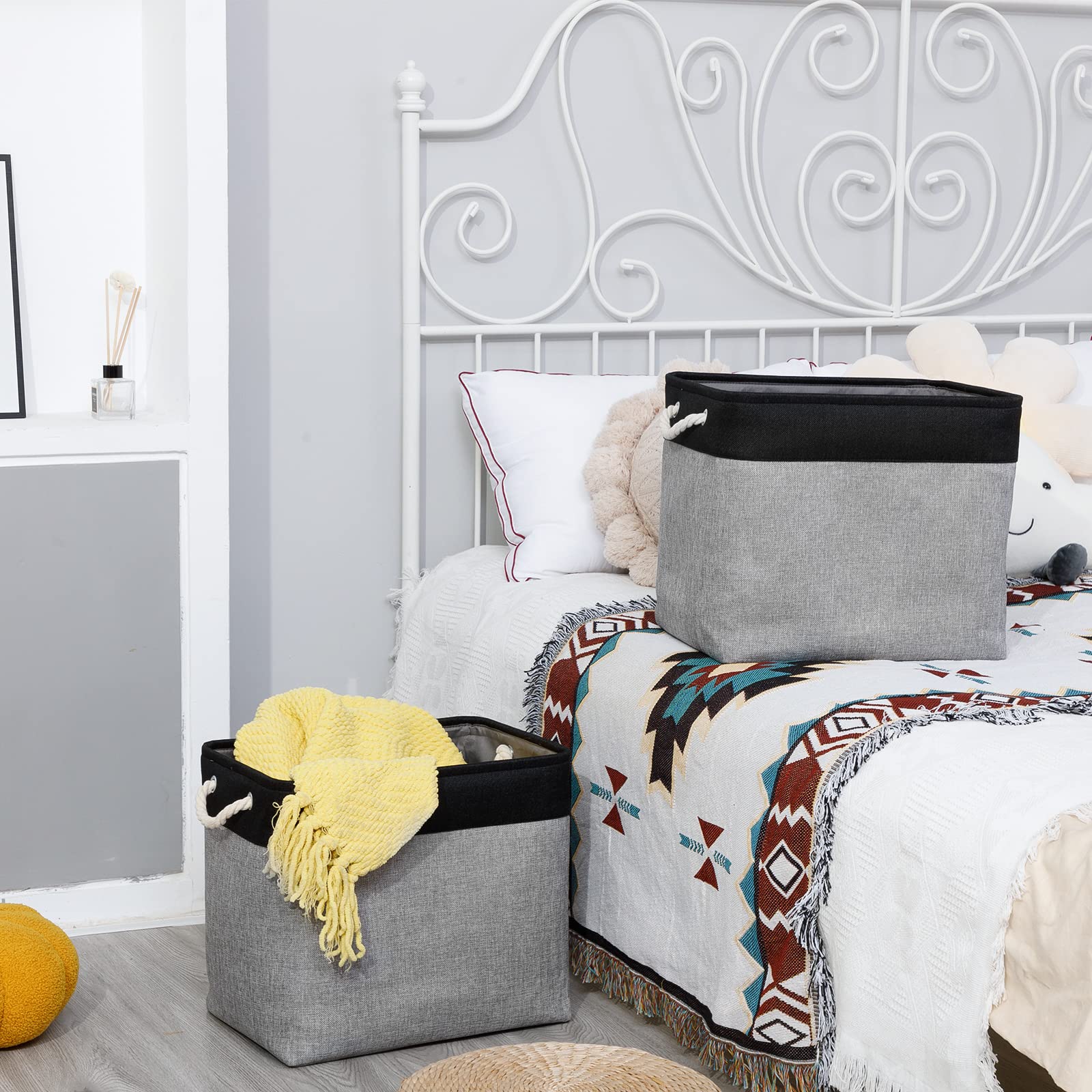 Bidtakay Storage Baskets Extra Large Baskets For Organizing Grey Rectangle Laundry Basket Linen Fabric Bins Set Of 2 Clothes Bas