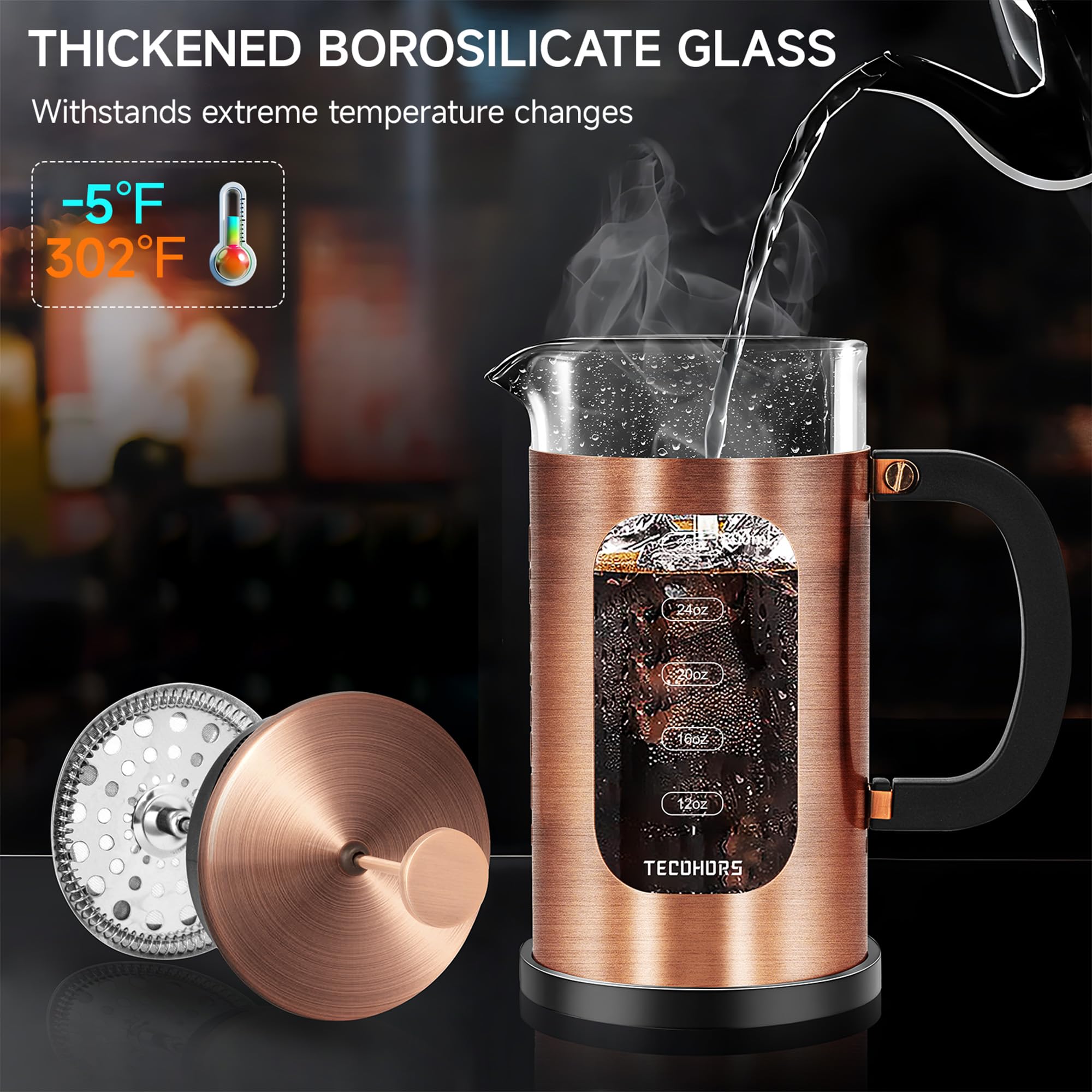 Tecohors French Press Coffee Maker 34Oz / 1 Quart 304 Stainless Steel Coffee Press,With 4 Filters System, Heat Resistant Thickne