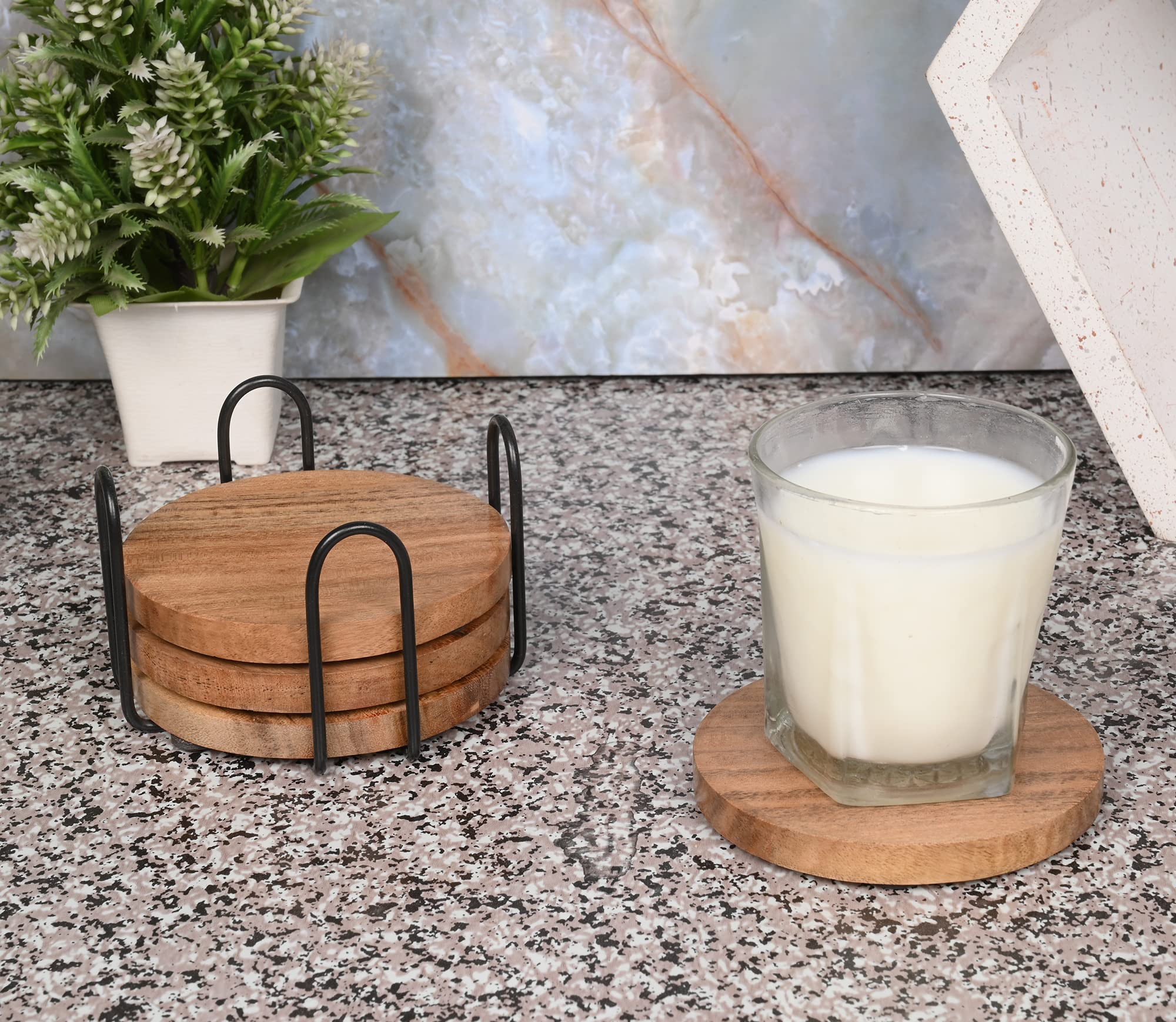 Edhas Acacia Wood Coasters For Drinks With Iron Holder Stand For Coffee Table, Tabletop Protection Decor, Set Of 4