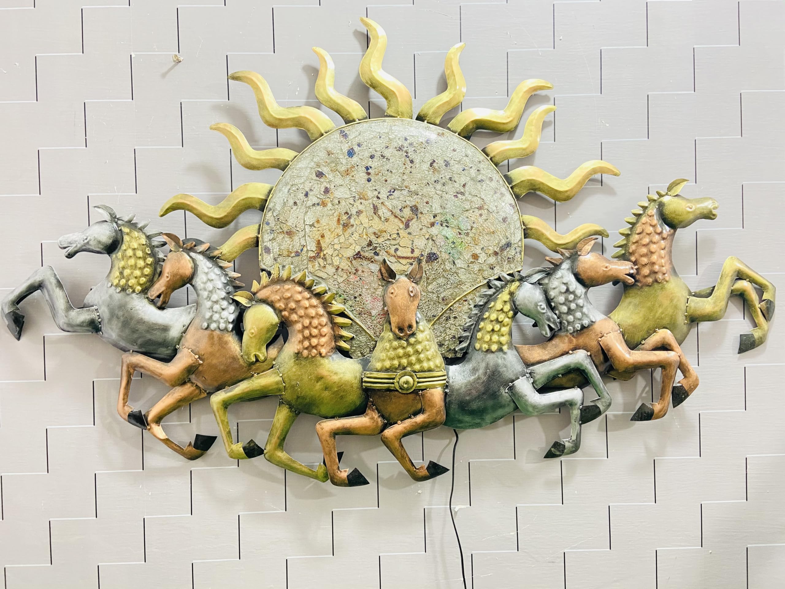ToughCrafts 7 Running Horses with Sun - Metal Wall Decor, with LED light for Living Room, Drawing Room, and Office Decor