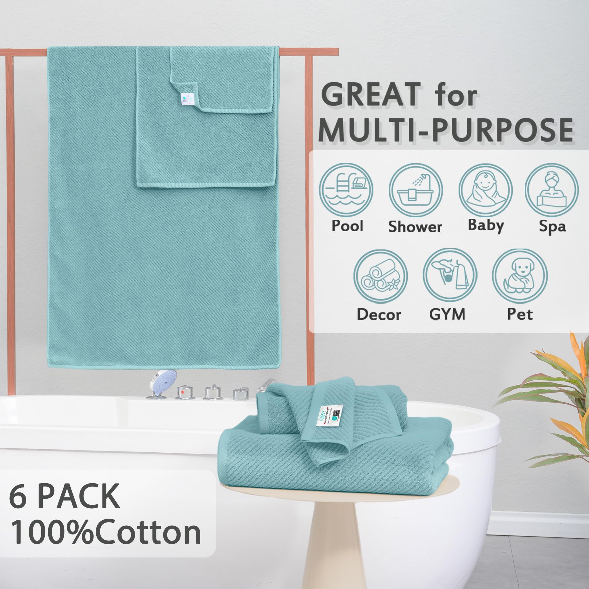 Towels For Bathroom - 100% Cotton | Quick Dry | Lightweight | Thick | Soft , 6 Piece Towel Set, 2 Large Bath 30 X 56, 2 Hand 18