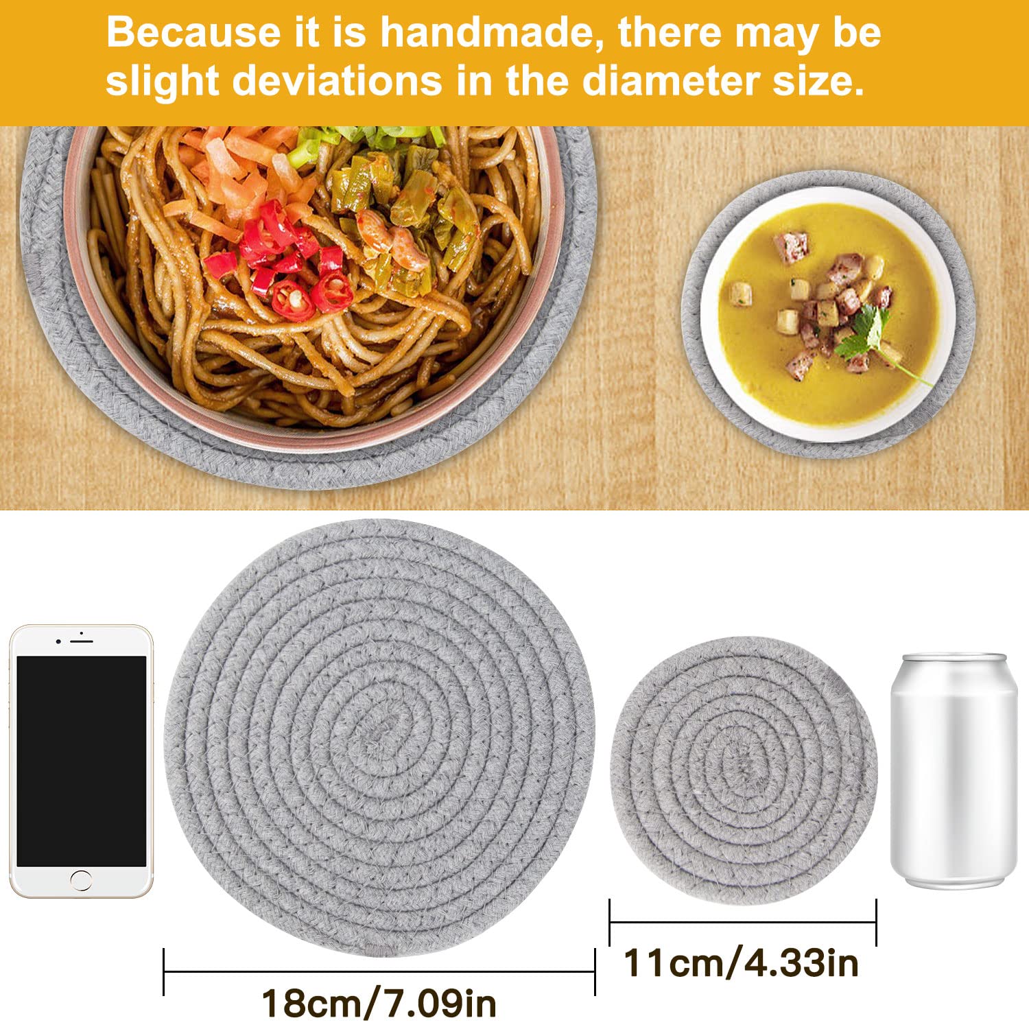 Howeifull 7'' Trivets For Hot Dishes, 4.3'' Woven Drink Coasters, Hot Pots And Pans, Round Heat Resistant 4 Hot Pads With 4 Coas