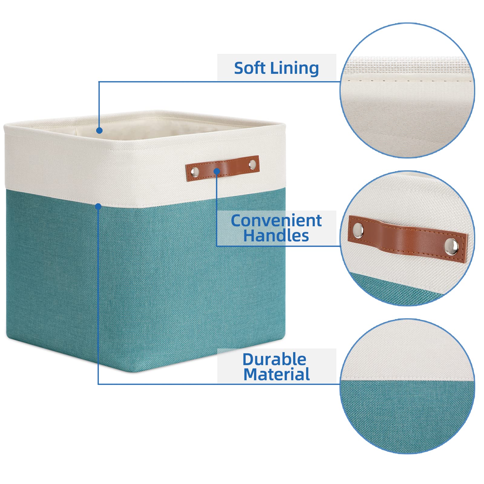 Temary Fabric Storage Cubes 13x13 Storage Baskets for Organizing  Large Fabric Storage Bins with Handles Cube Storage Baskets for Storage Clothes  Toys  Books (White&Teal)