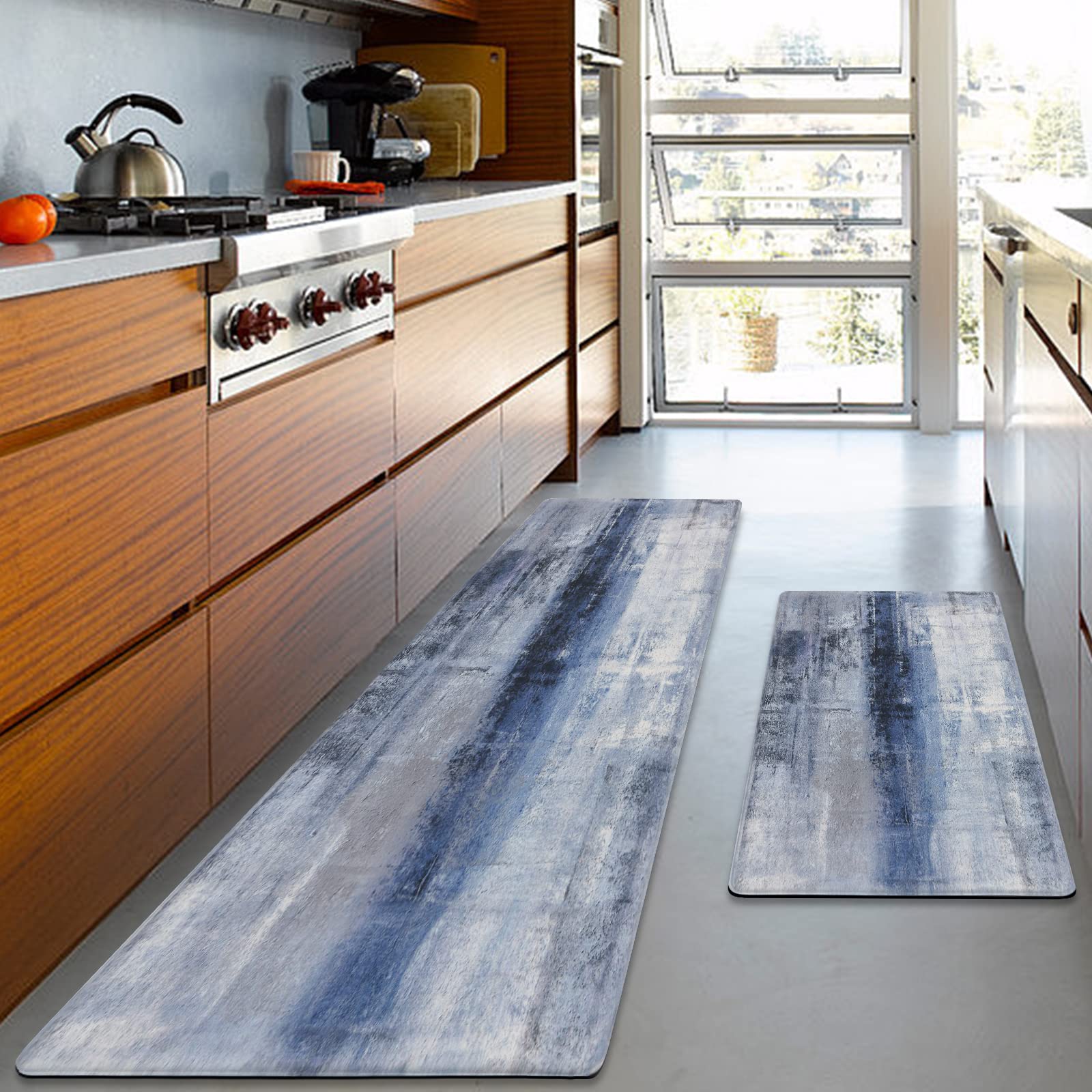 MAYHMYO Anti Fatigue Kitchen Mat - Set of 2 - Blue Design Comfort Mats - Cushioned, Non Slip Floor Mat,17.3 x 29 x 0.4 inch + 17