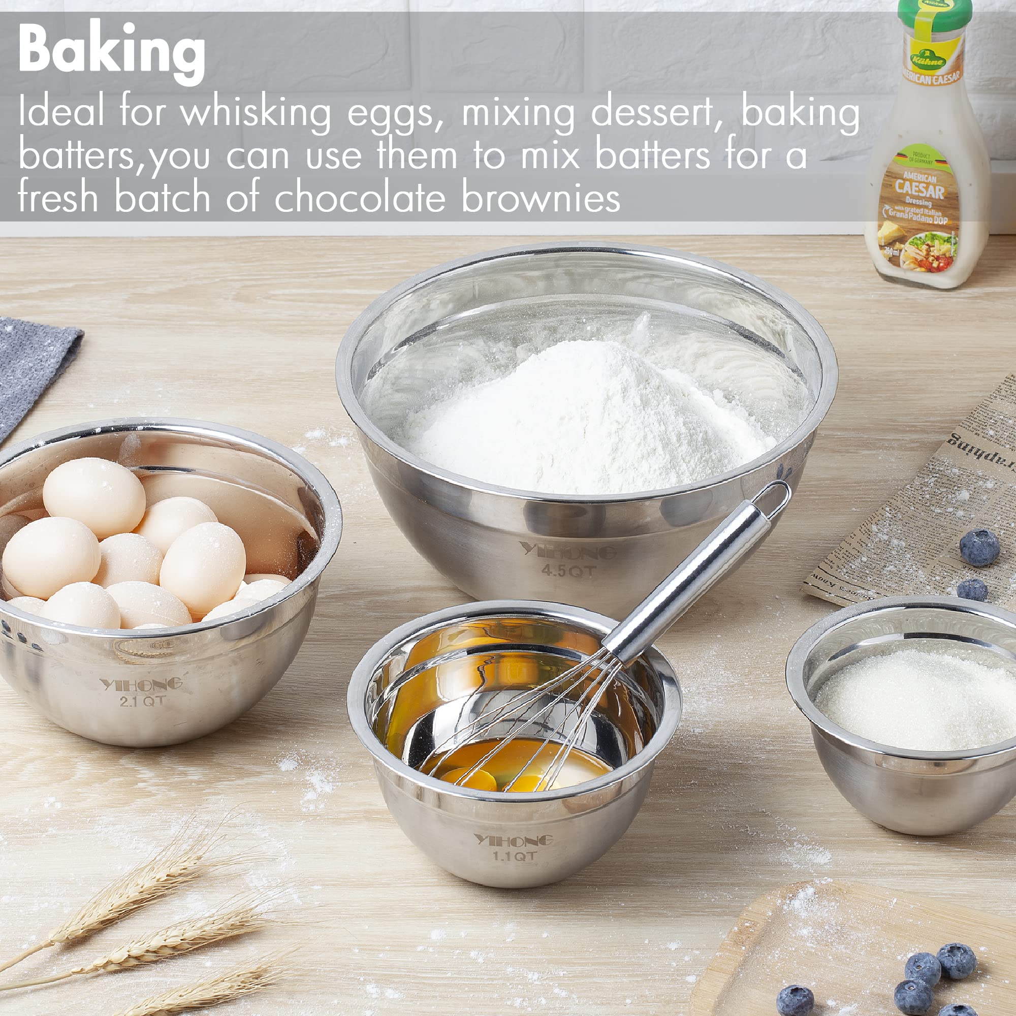 YIHONG 7 Piece Mixing Bowls with Lids for Kitchen  Stainless Steel Mixing Bowls Set Ideal for Baking  Prepping  Cooking and Serving Food  Nesting Metal Mixing Bowls for Space Saving Storage