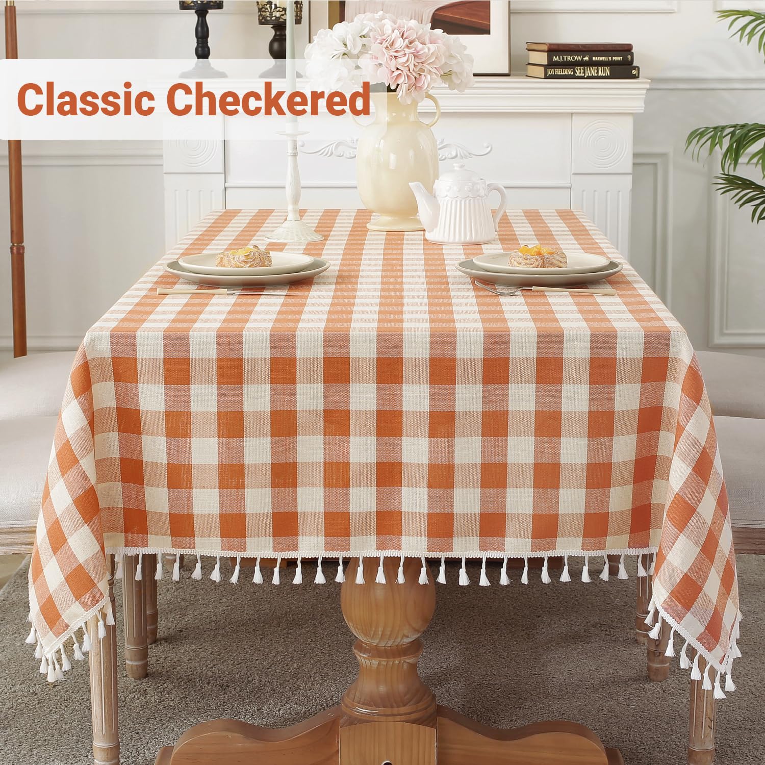 Laolitou Checkered Fall Thanksgiving Tablecloth Rectangle Washable Buffalo Plaid Table Cloth with Tassel Cotton Linen Gingham Ta